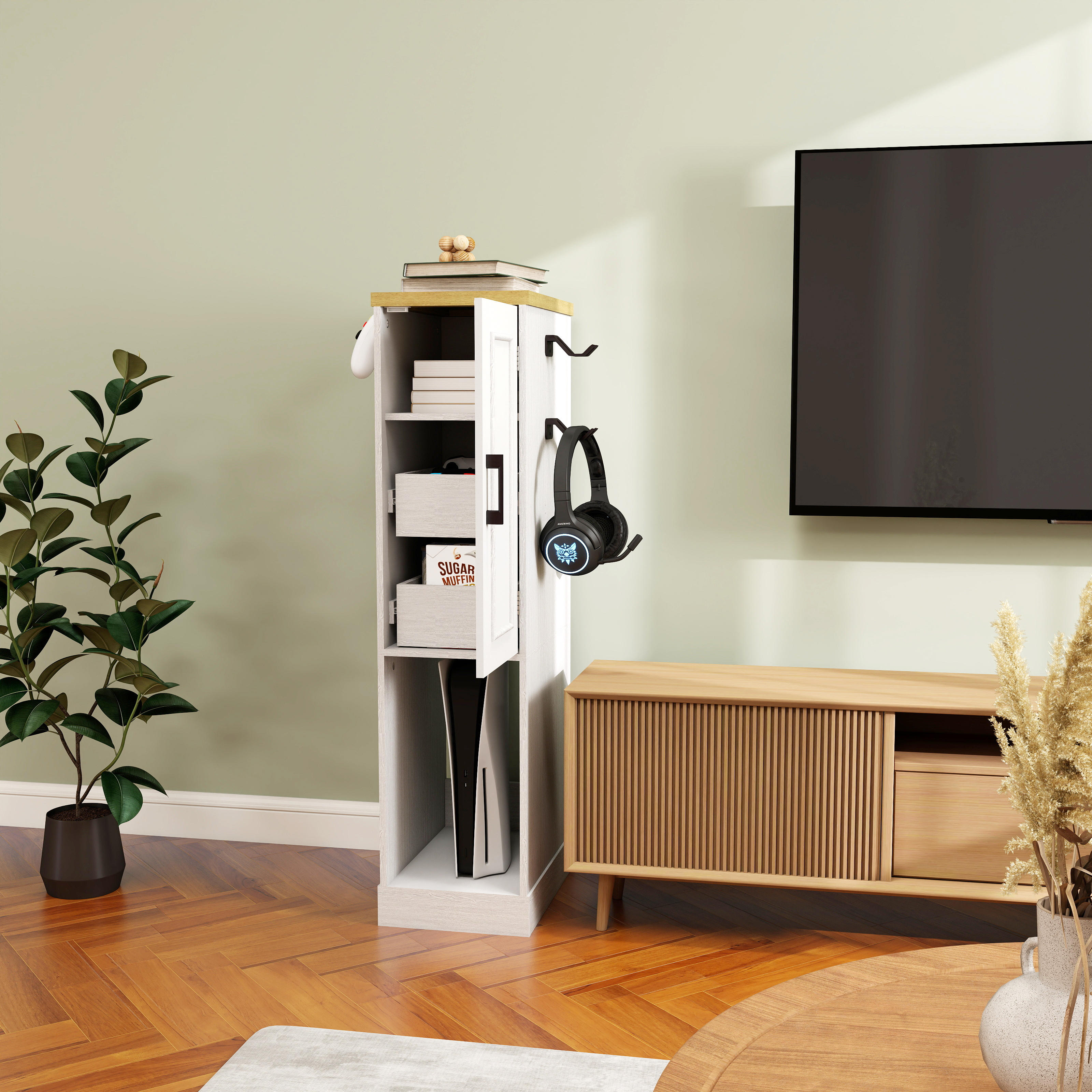 44.49  Slim AV Media Stand Game Console Stand, Media Storage Cabinet With 2 Built-in Drawers And 3 Hooks, Game Console Storage Cabinet For PS5 And Xbox-Antique White