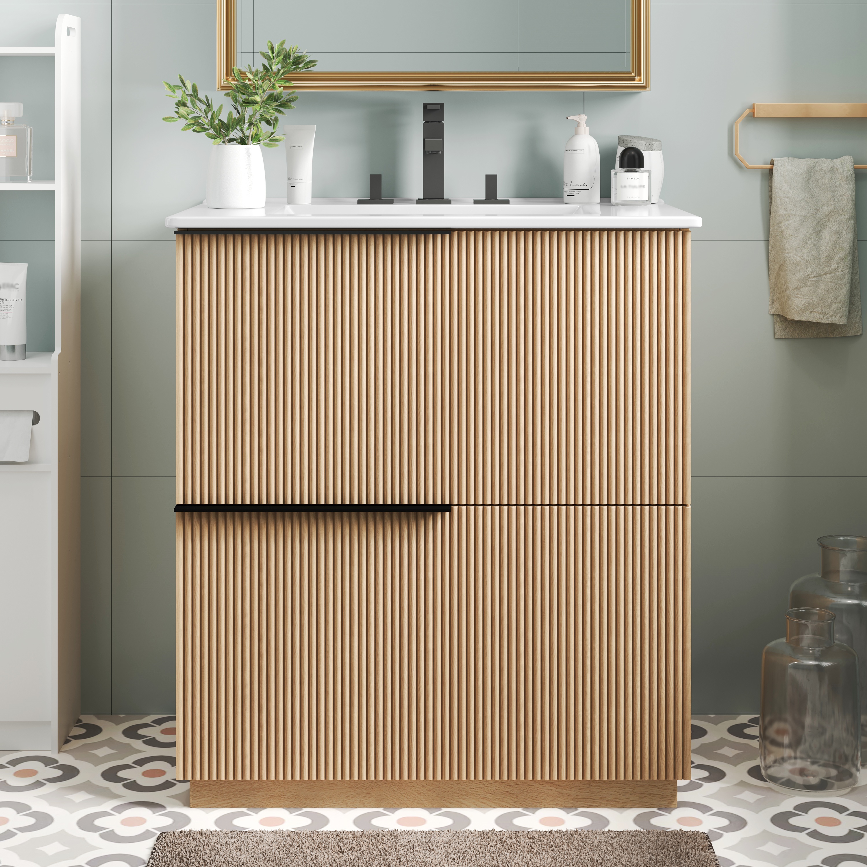 30  Bathroom Vanity With Ceramic Sink And Full-Extension Drawers, Soft Close Undermount Drawer Slides, Fluted Design, Natural