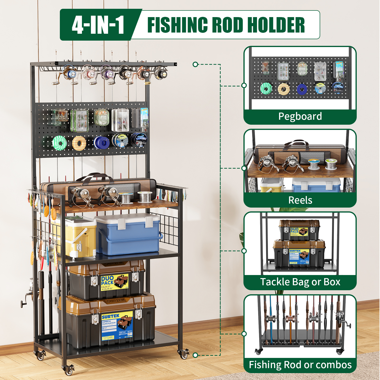 Fishing Rod Storage Rack With Pegboard, Rolling Tackle Organizer Cart, Multi-Tier Fishing Gear Stand For Rods, Reels, Tackle Boxes & Bags, Heavy Duty Metal Holders With Lockable Wheels - photo 3