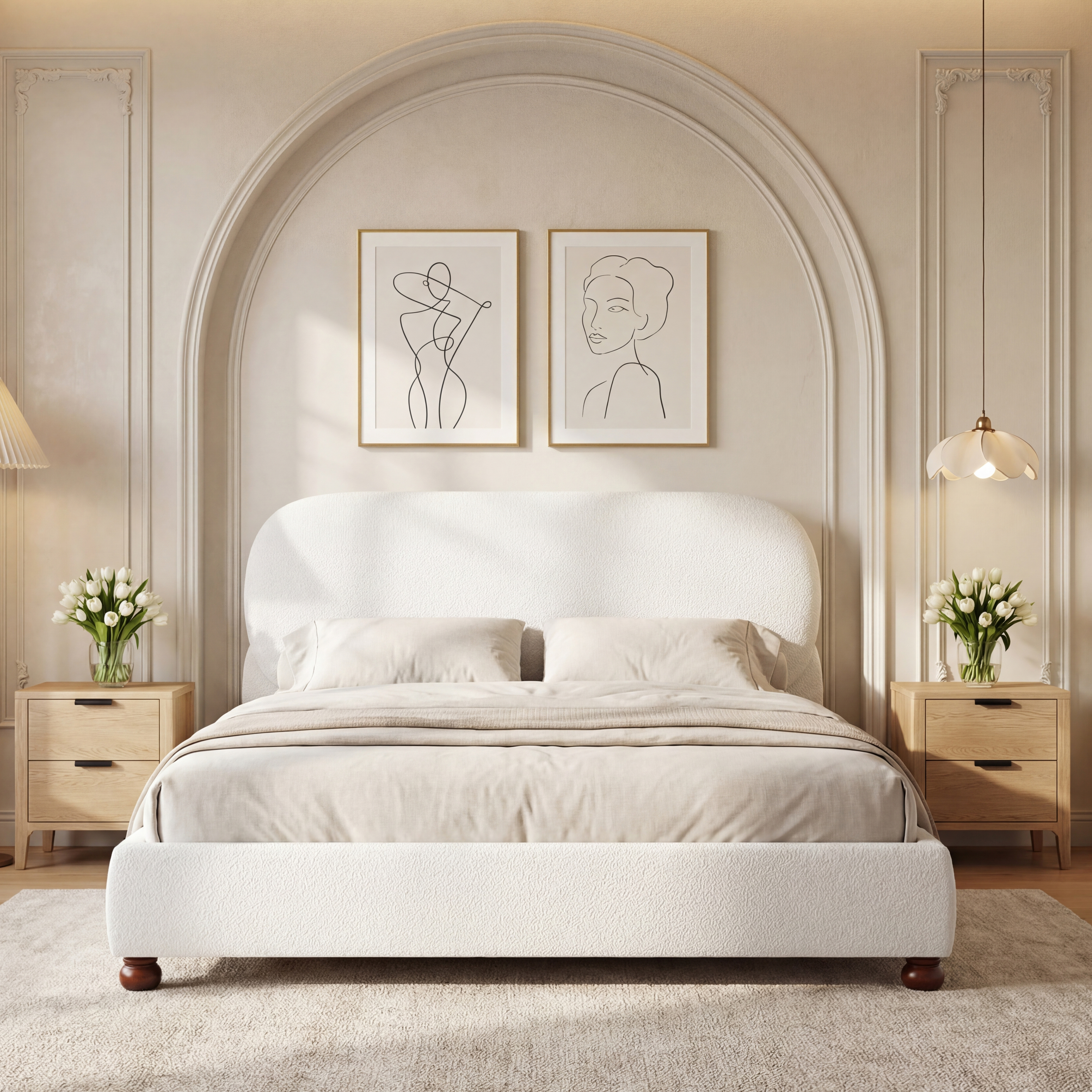 Cream-colored Boucle Upholstered Bed With Rubber Wood Foot ,Queen