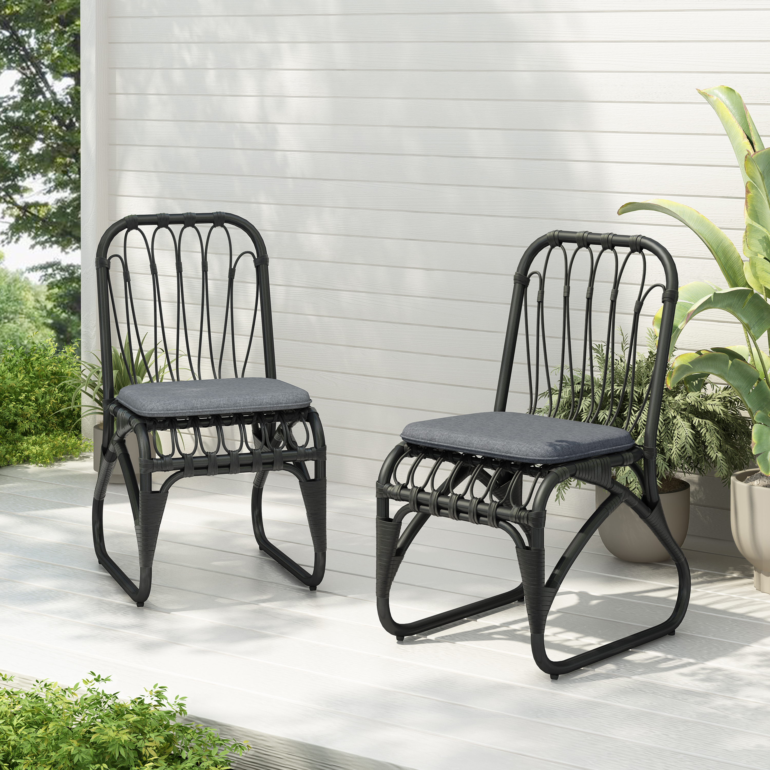 Outdoor PE Wicker Dining Chairs With Washable Cushion Set Of 2, Outdoor Rattan Chairs For Backyard, Poolside, Garden,Patio,Grey