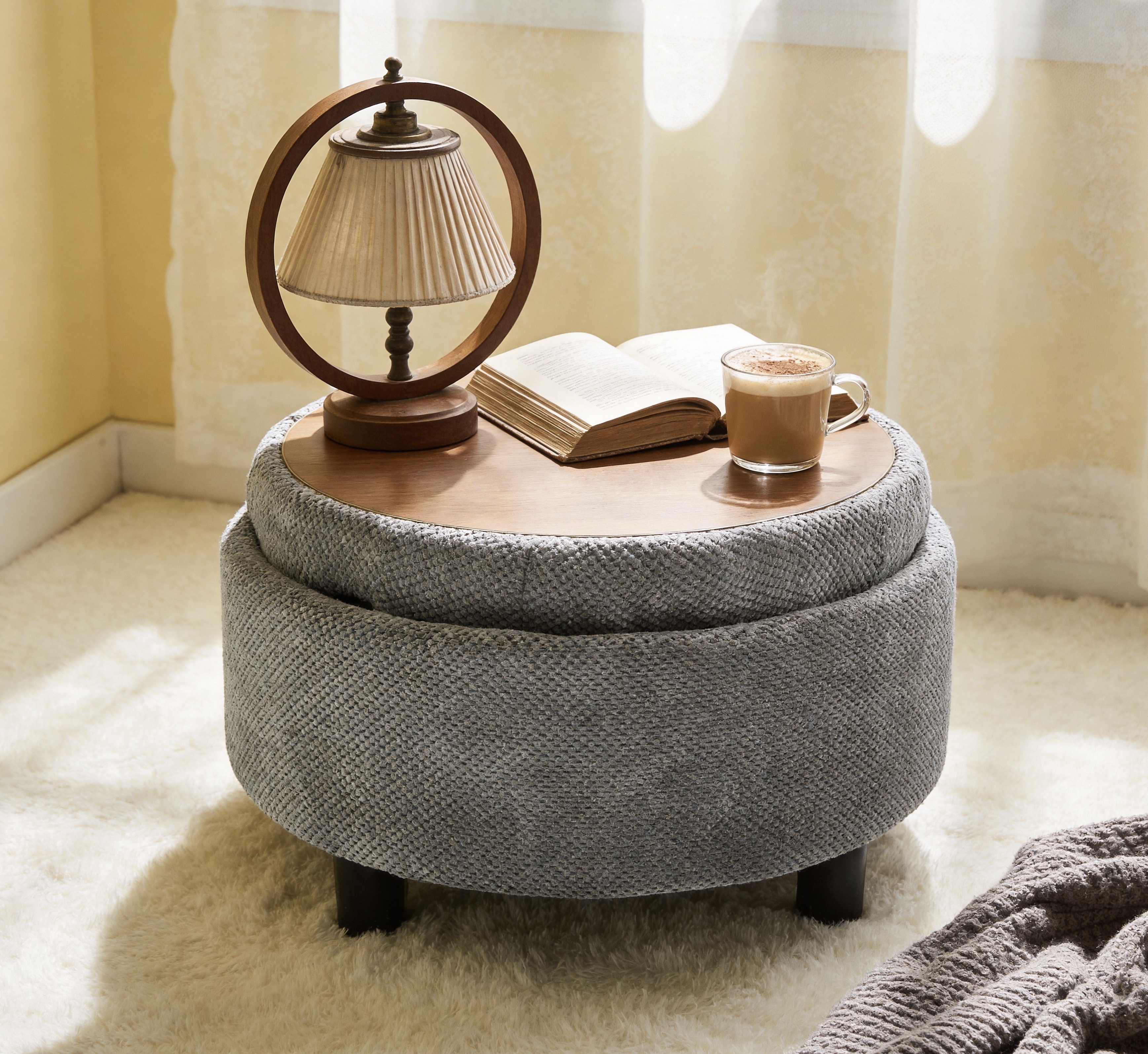 25Inch Round Storage Ottoman With Tray, ModernTufted Fabric Circle Coffee Table With Storage, Upholstered Ottoman With Removable Top For Living Room, Bedroom,Light Grey