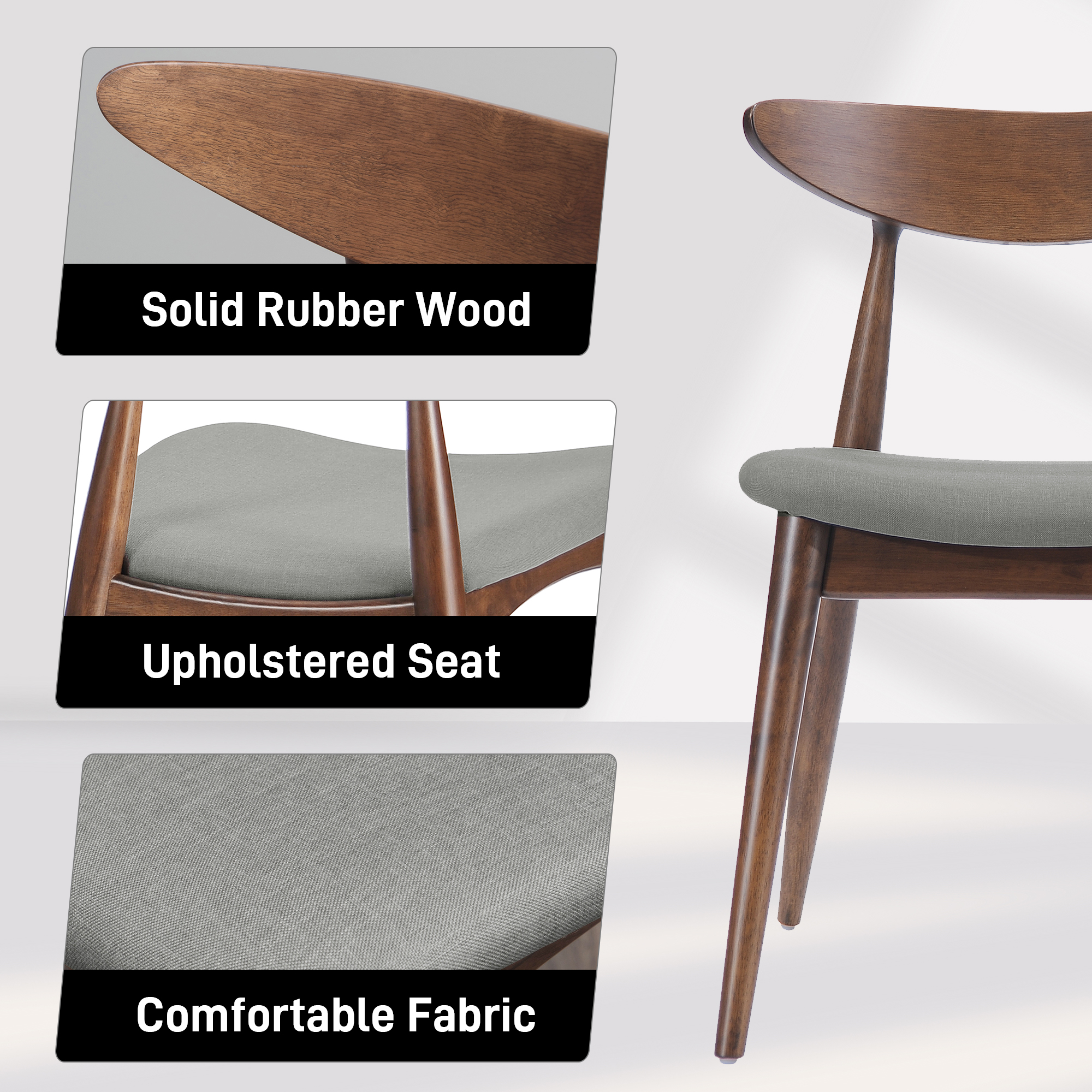 Set Of 2 Retro Rubberwood Chairs With Ergonomic Back & Plush Cushions, Walnut Light Gray  Same Sku 59297.00DBEI