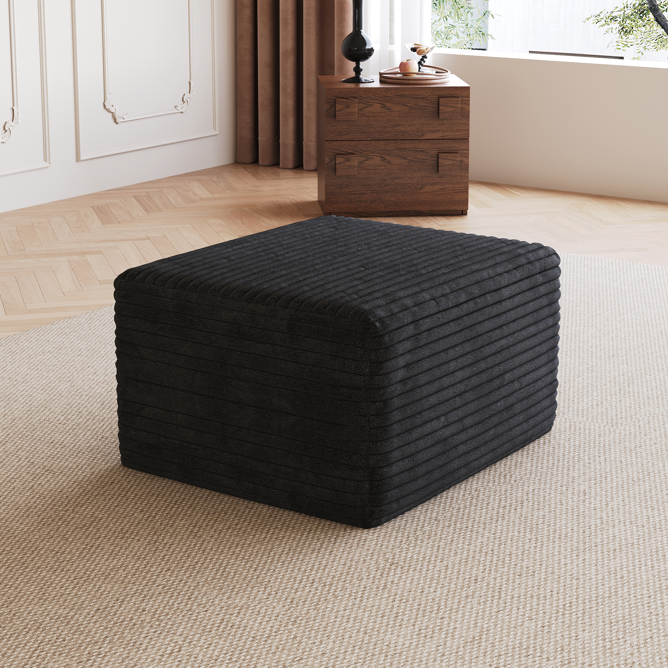 Sofa Ottoman ,No Assembly Required,Black Plush Corduroy Fabric