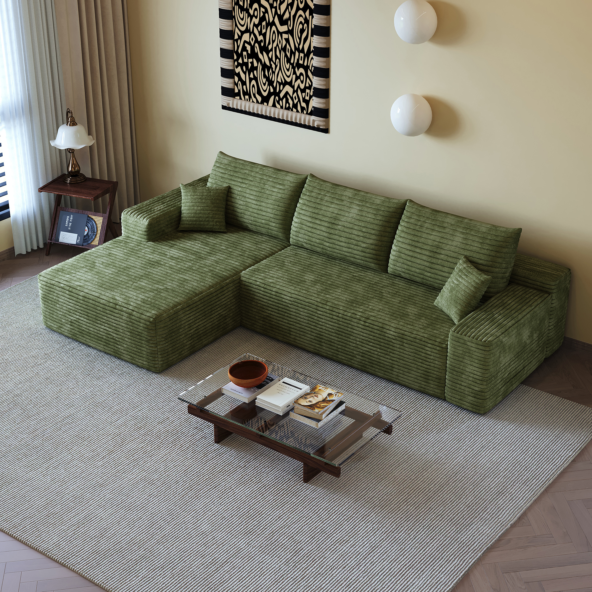 107  Cloud Sectional Couch With L-Shape Chaise,Modern Modular Sofa With Deep Seat, Upholstered Couches For Living Room Bedroom,No Assembly Required,  Plush Corduroy Fabric ,Green