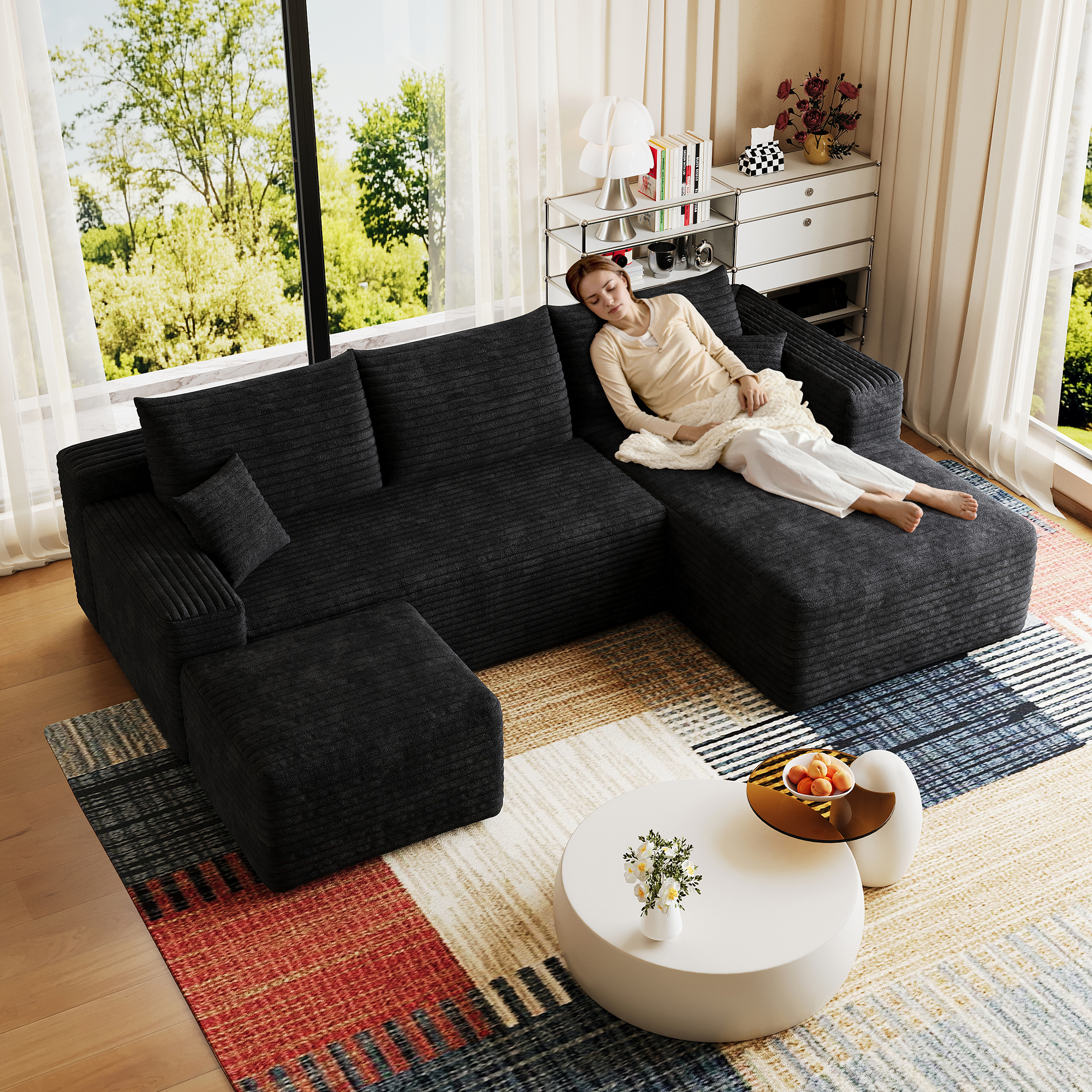 95  Cloud Sectional Sofa With 1 Ottoman,Modern Minimalist Upholstered Couches, Comfort U Shaped Sofa For Living Room,Deep Seat Corner Couch,No Assembly Required,Black  Plush Corduroy Fabric