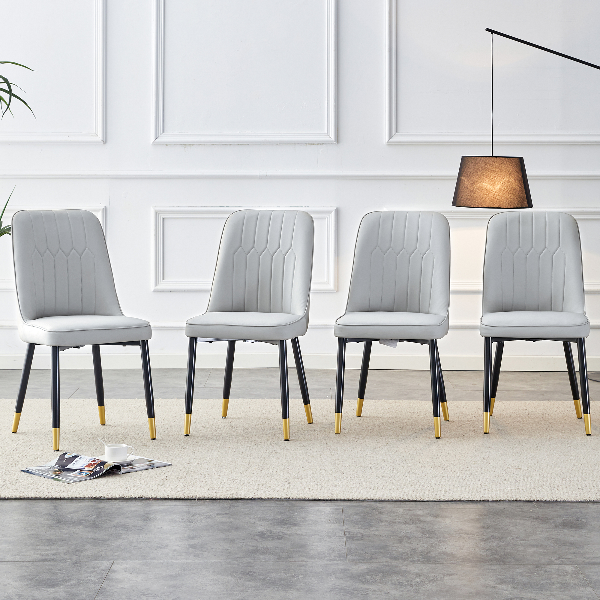 Modern Dining Chairs Are Equipped With Light Gray PU Artificial Leather Backrest Cushions And Black Metal Legs, Suitable For Restaurants,kitchens,and Bedrooms.Set Of 4pieces  Light Gray PU