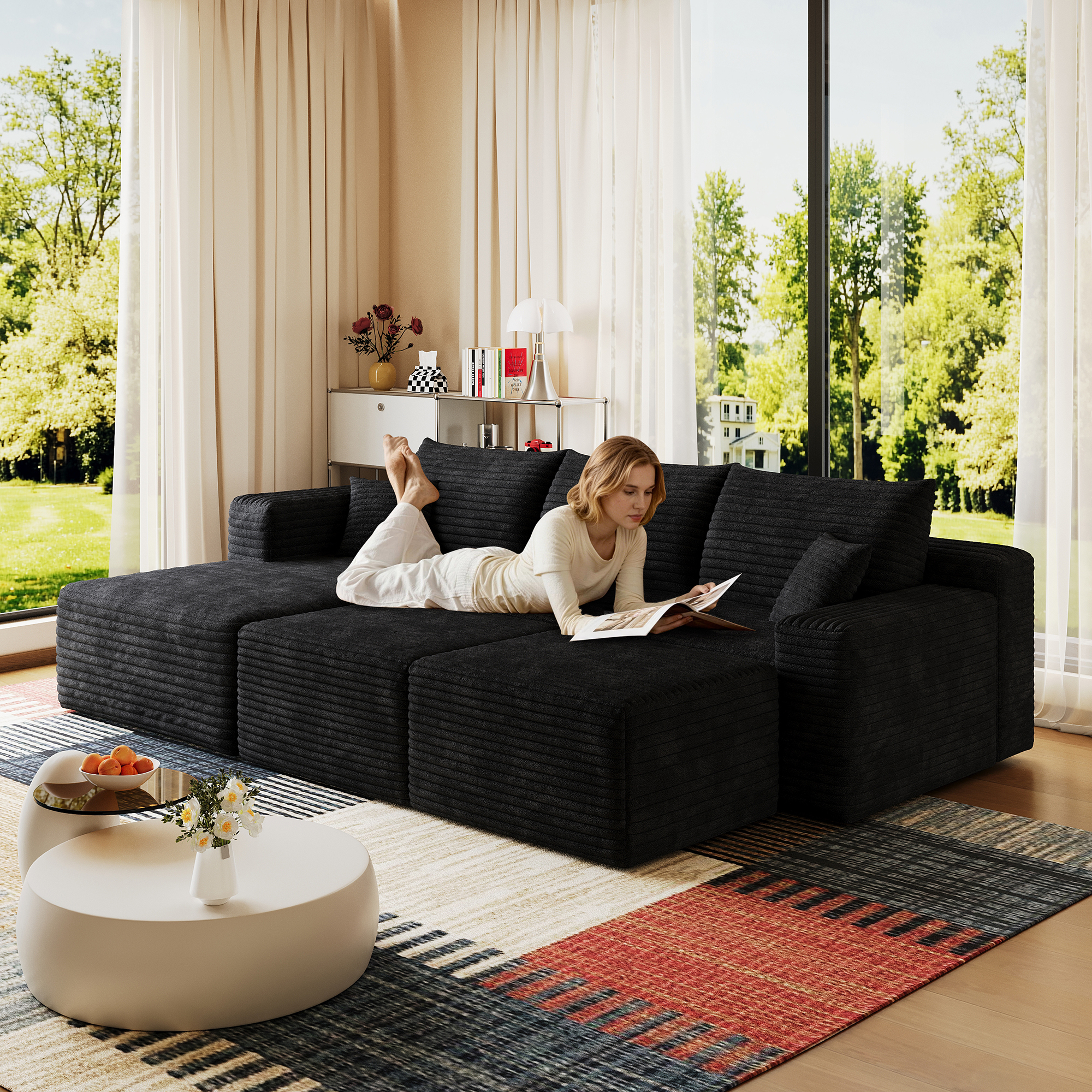 95  Cloud Sectional Sofa With 2 Ottoman,Modern Minimalist Upholstered Couches, Comfort U Shaped Sofa For Living Room,Deep Seat Corner Couch,No Assembly Required,Black  Plush Corduroy Fabric