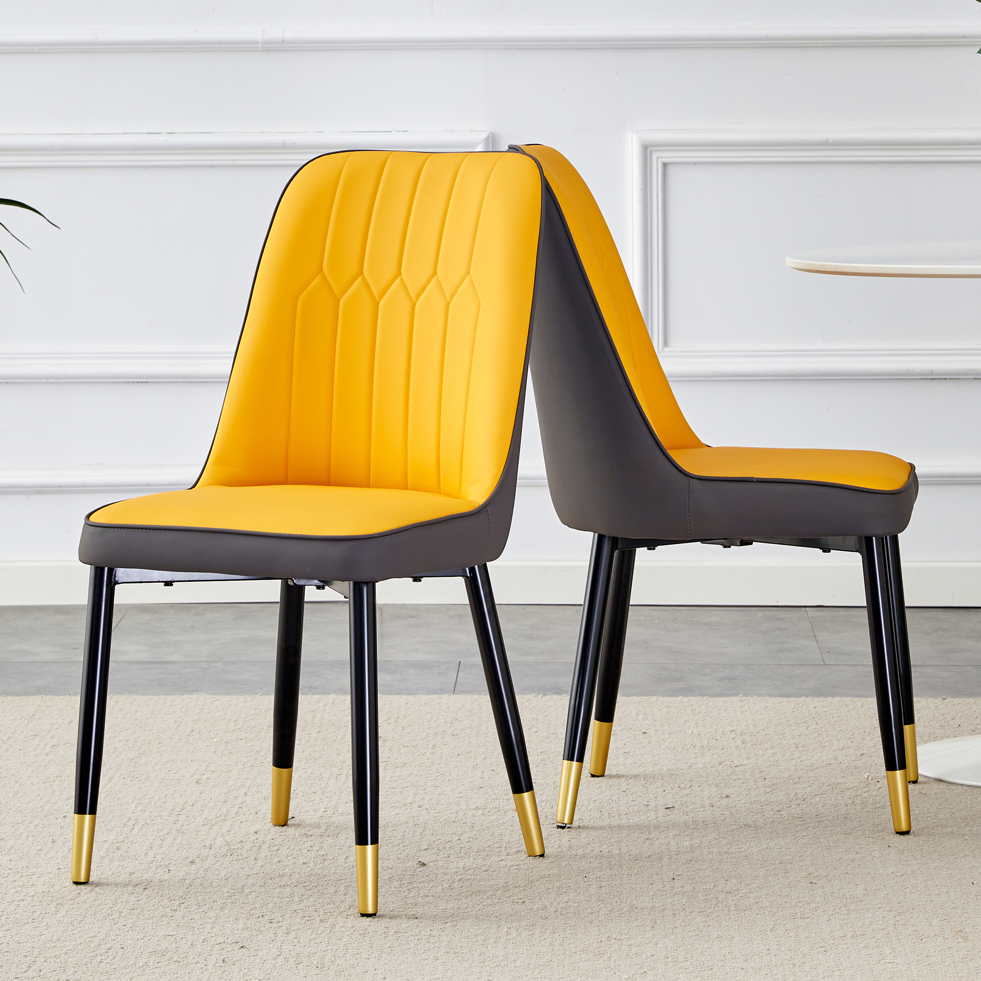 Orange Yellow And Dark Gray Stitching Style, Equipped With Artificial Leather Cushioned Seats, Suitable For Kitchen, Living Room, And Dining Room , 2-piece Set  Orange Yellow And Dark Gray PU  C-007
