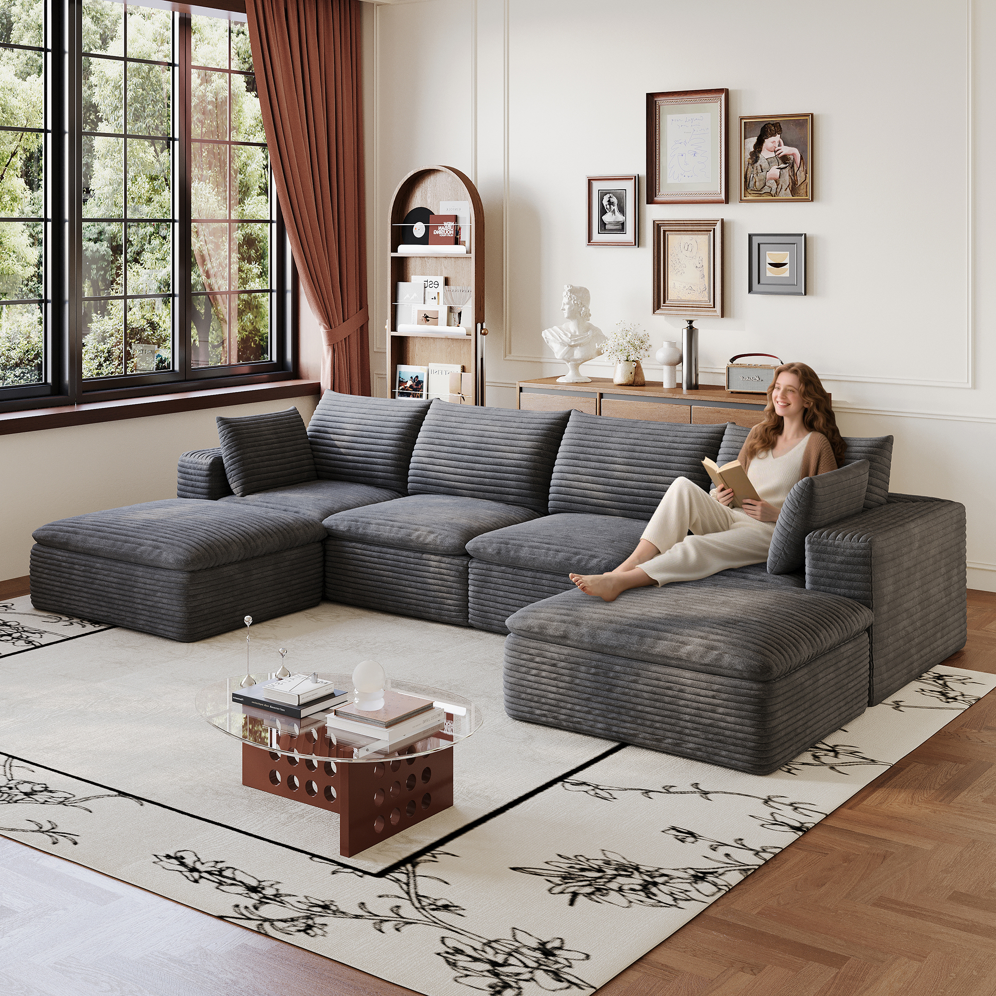 134  Cloud Sofa,Corduroy Fabric,Deep Seat Couches,Double-layer Design,Removable  Cushion,No Assembly, DIY Combination For Living Room, Bedroom,Conference Room ,Apartment,Dark Grey