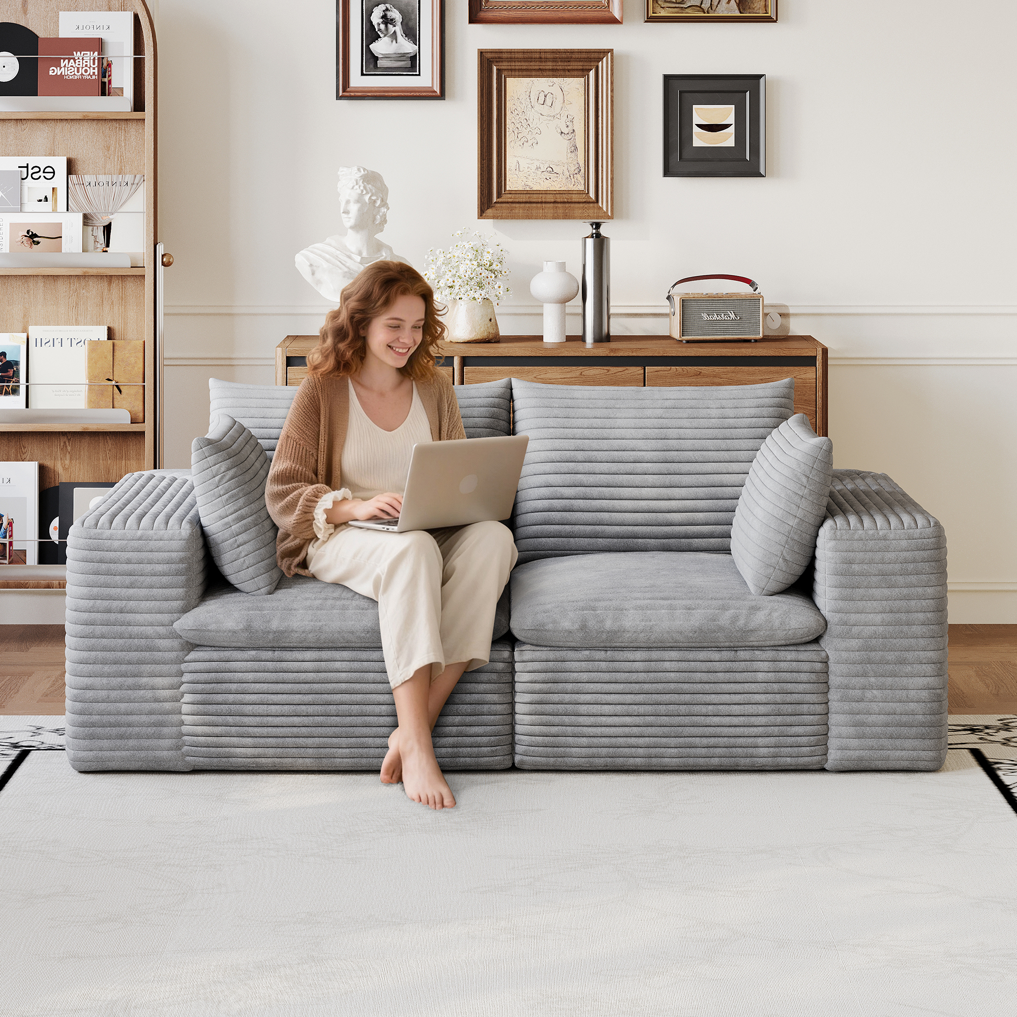 71  Cloud Sofa,Corduroy Fabric,Deep Seat Couches,Double-layer Design,Removable Cushion,No Assembly, DIY Combination For Living Room, Bedroom,Conference Room ,Apartment,Grey