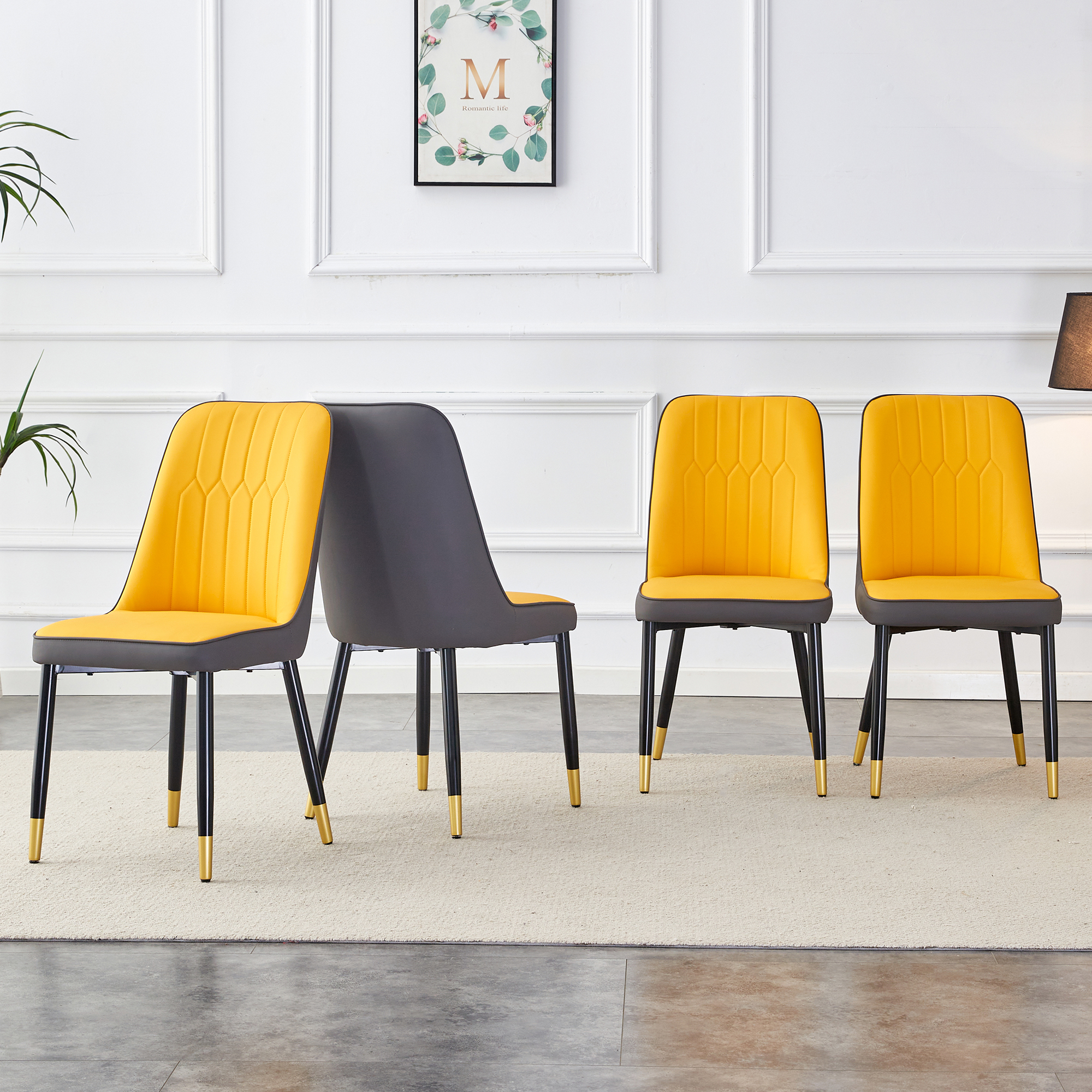 A Modern Dining Chair With Orange Yellow Dark Gray Dual Tone PU Leather Backrest And Black Metal Legs, Suitable For Kitchens, Bedrooms, And Offices. Set Of 4 Pieces  Orange Yellow, Dark Gray PU C-007