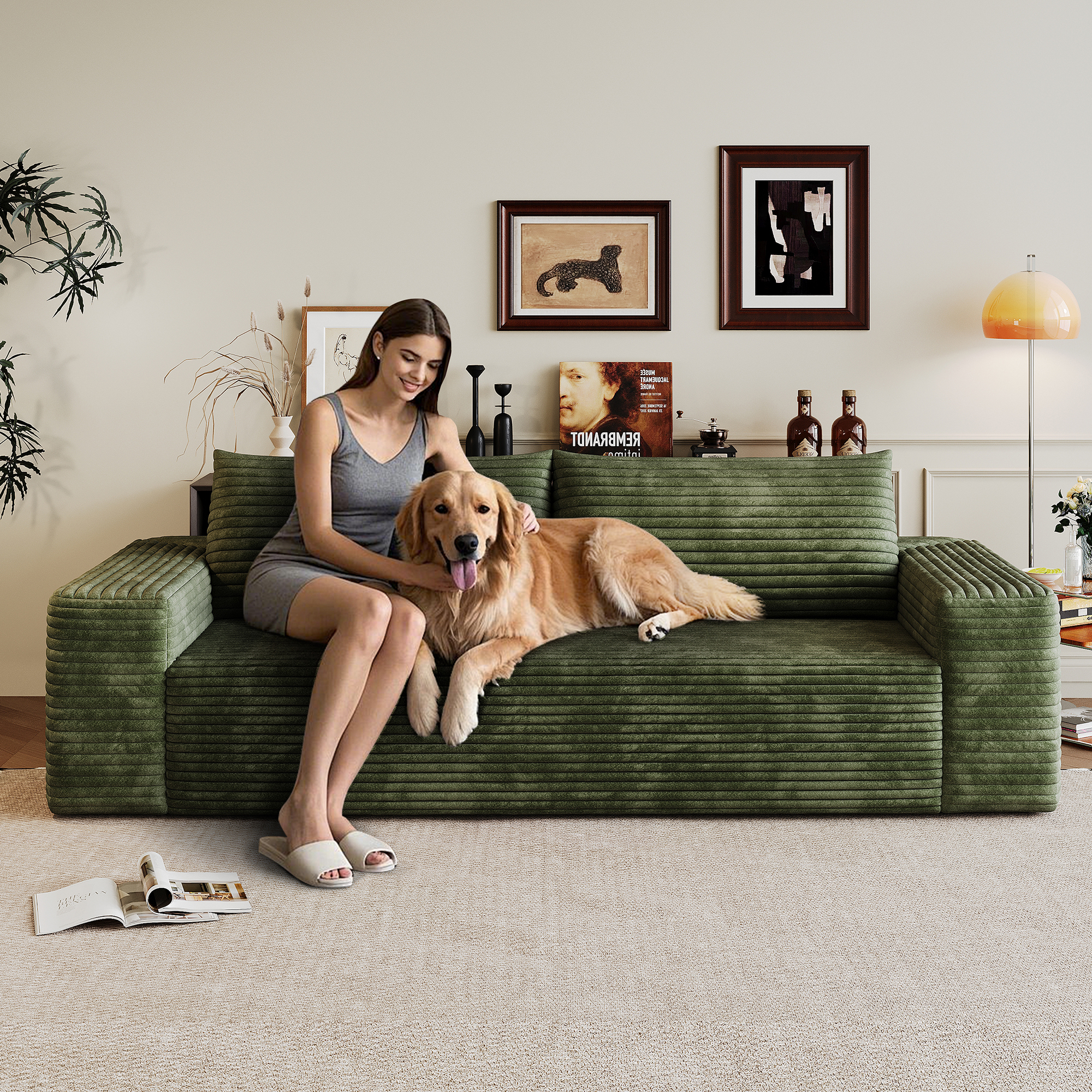 71  3Setaser Sofa,Corduroy Fabric,Deep Seat Couches,Comfy Loveseat Sofa,No Assembly,1pcs For Living Room, Bedroom,Conference Room ,Apartment,Green