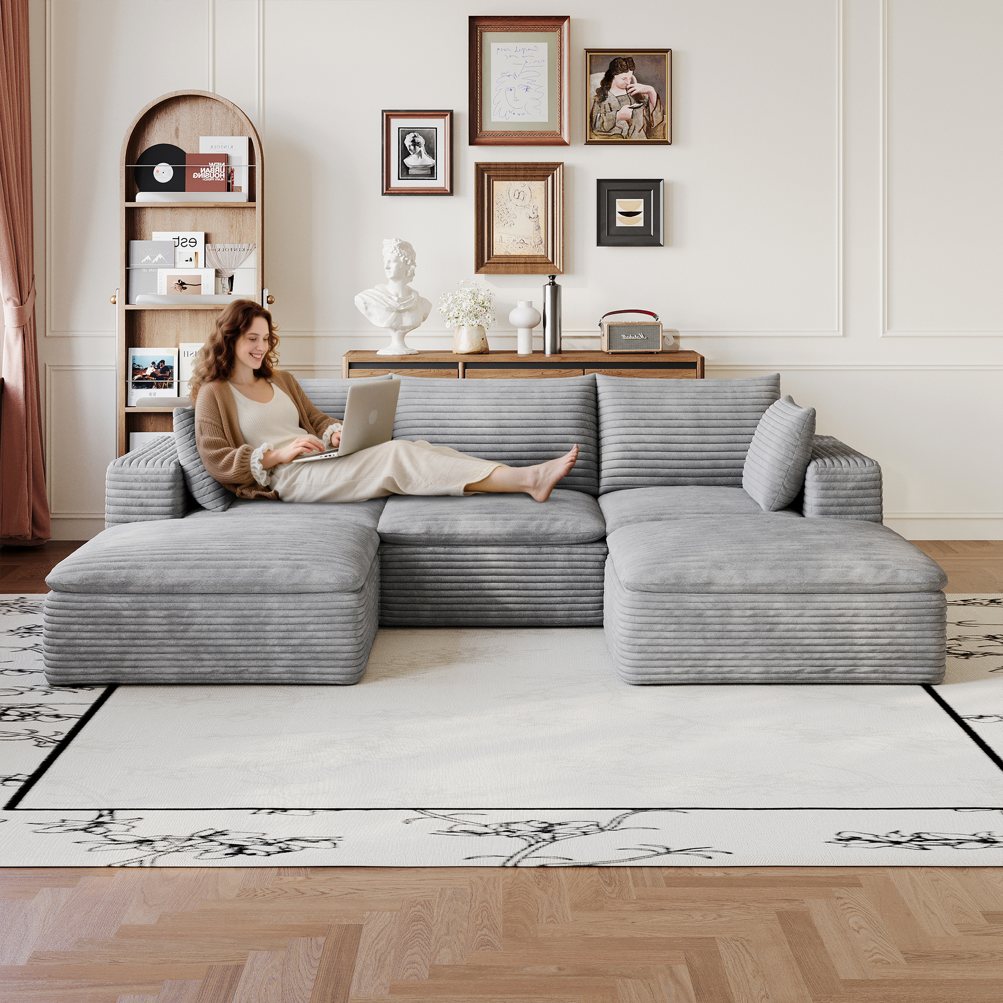 102  Cloud Sofa,Corduroy Fabric,Deep Seat Couches,Double-layer Design,Removable  Cushion,No Assembly, DIY Combination For Living Room, Bedroom,Conference Room ,Apartment,Grey