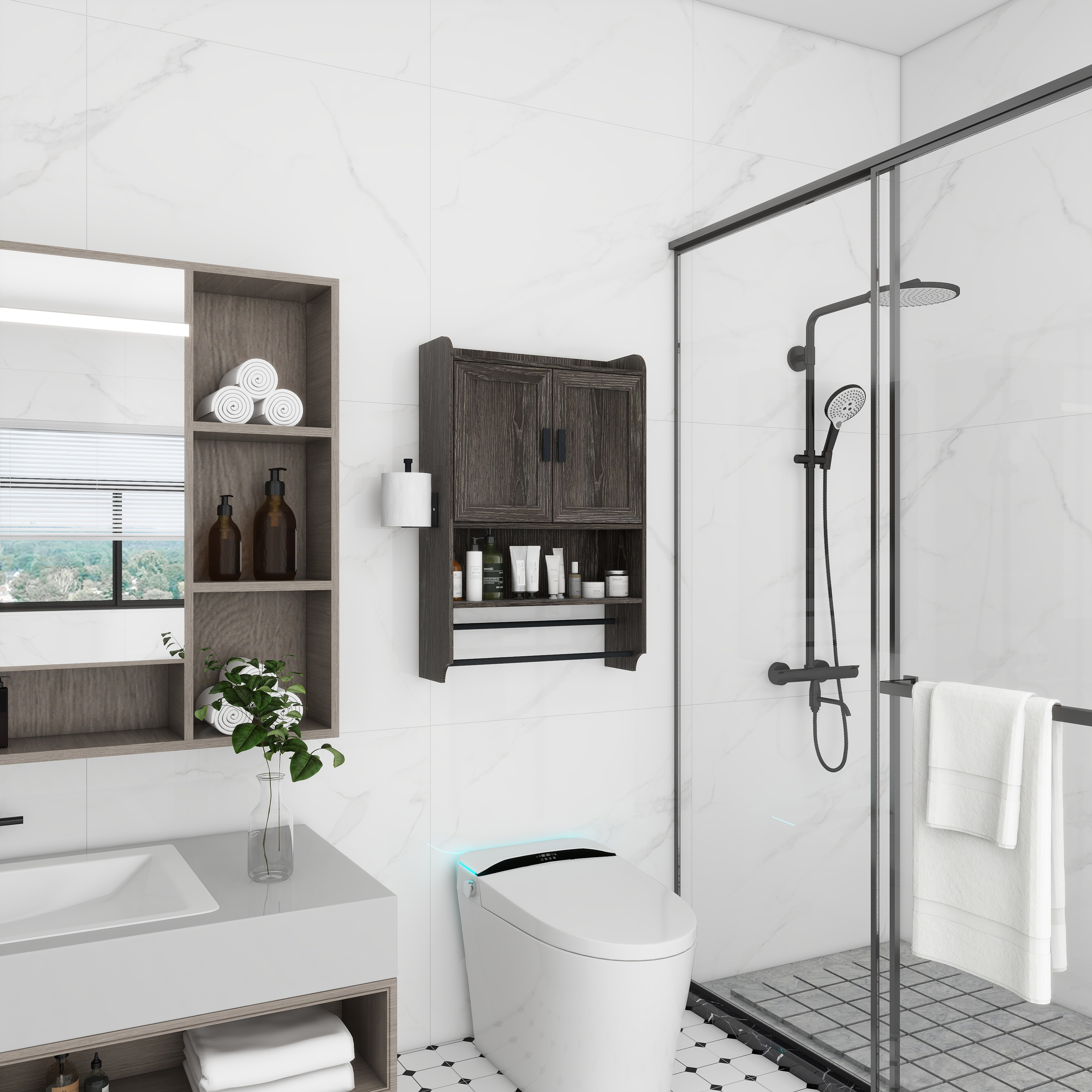 Bathroom Wall Cabinet With Doors,Adjustable Shelf,Towel Bar And Paper Holder, Over The Toilet Storage Cabinet, Medicine Cabinet For Bathroom-Grey