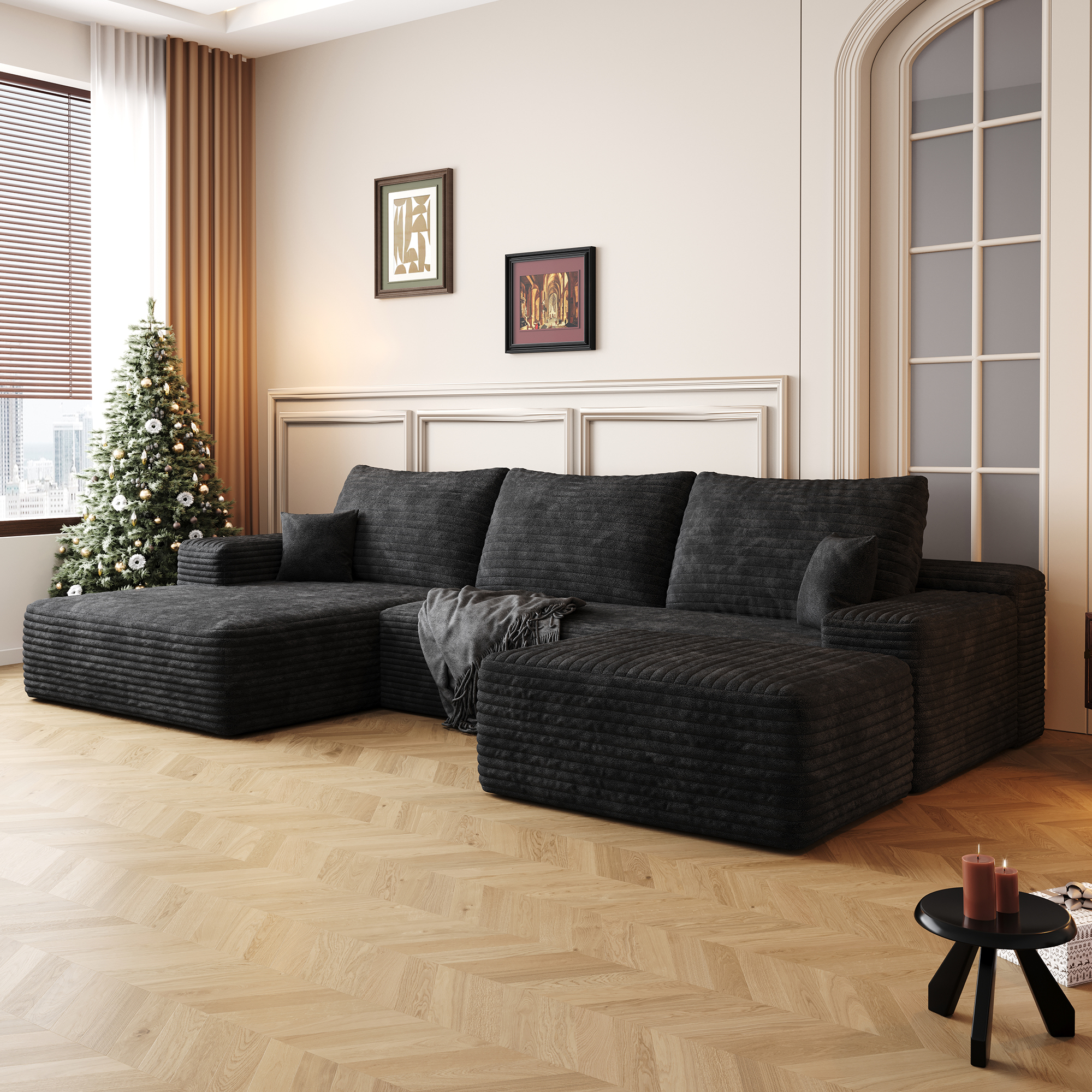107 Cloud Sectional Sofa With 1 Ottoman,Modern Minimalist Upholstered Couches,Comfort U Shaped Sofa For Living Room,Deep Seat Corner Couch,No Assembly Required  Plush Corduroy Fabric ,Black