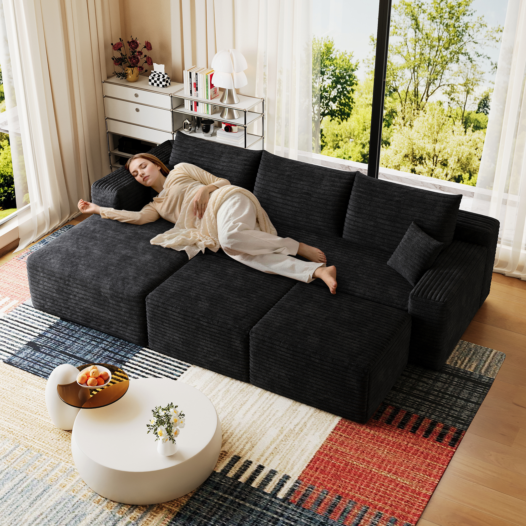 95  Cloud Sectional Sofa With 2 Ottoman,Modern Minimalist Upholstered Couches, Comfort U Shaped Sofa For Living Room,Deep Seat Corner Couch,No Assembly Required,Black  Plush Corduroy Fabric