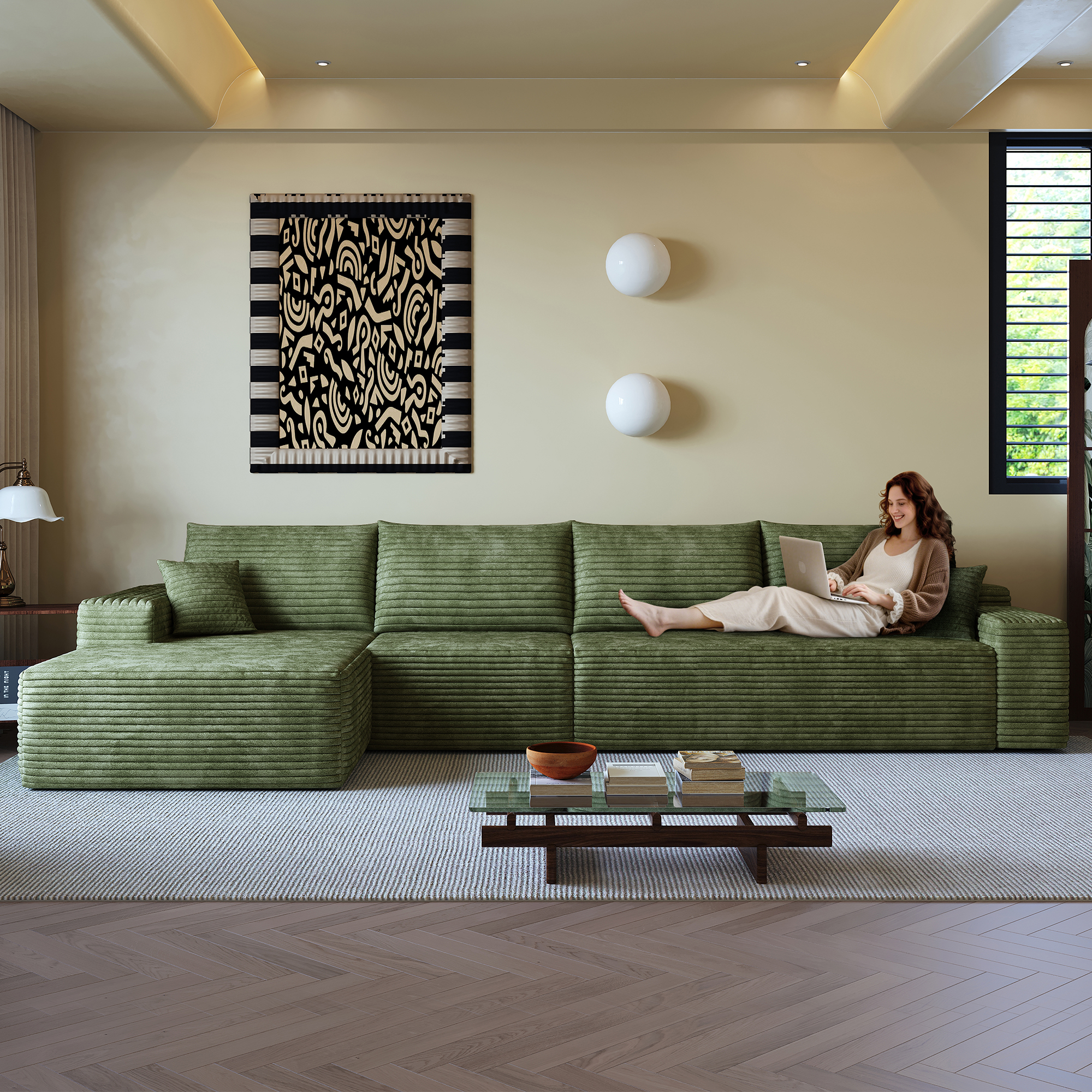 135  Cloud Sectional Couch With L-Shape Chaise,Modern Modular Sofa With Deep Seat, Upholstered Couches For Living Room Bedroom,No Assembly Required,  Plush Corduroy Fabric ,Green