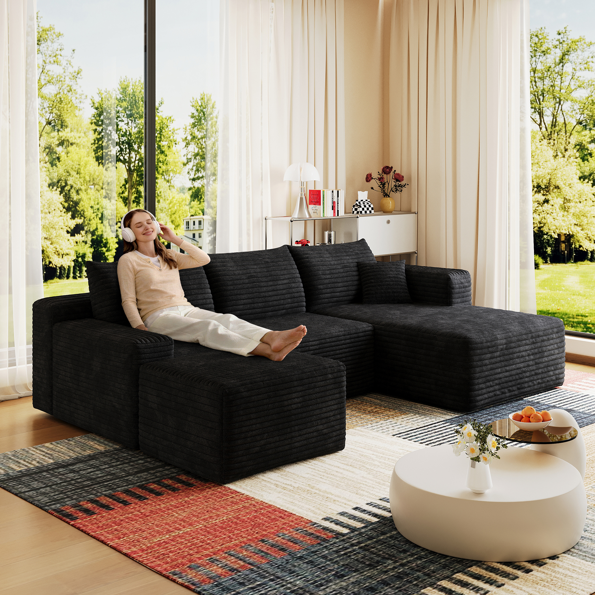 95  Cloud Sectional Sofa With 1 Ottoman,Modern Minimalist Upholstered Couches, Comfort U Shaped Sofa For Living Room,Deep Seat Corner Couch,No Assembly Required,Black  Plush Corduroy Fabric