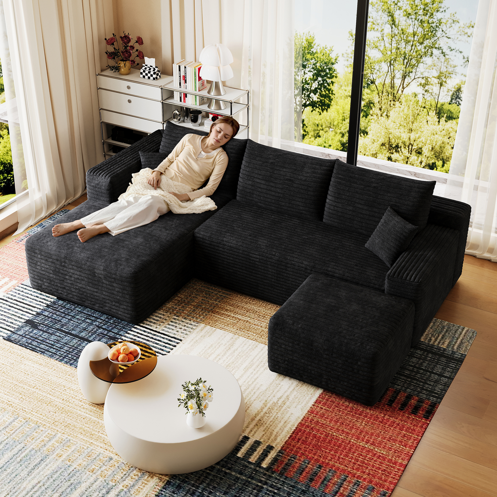 95  Cloud Sectional Sofa With 1 Ottoman,Modern Minimalist Upholstered Couches, Comfort U Shaped Sofa For Living Room,Deep Seat Corner Couch,No Assembly Required,Black  Plush Corduroy Fabric
