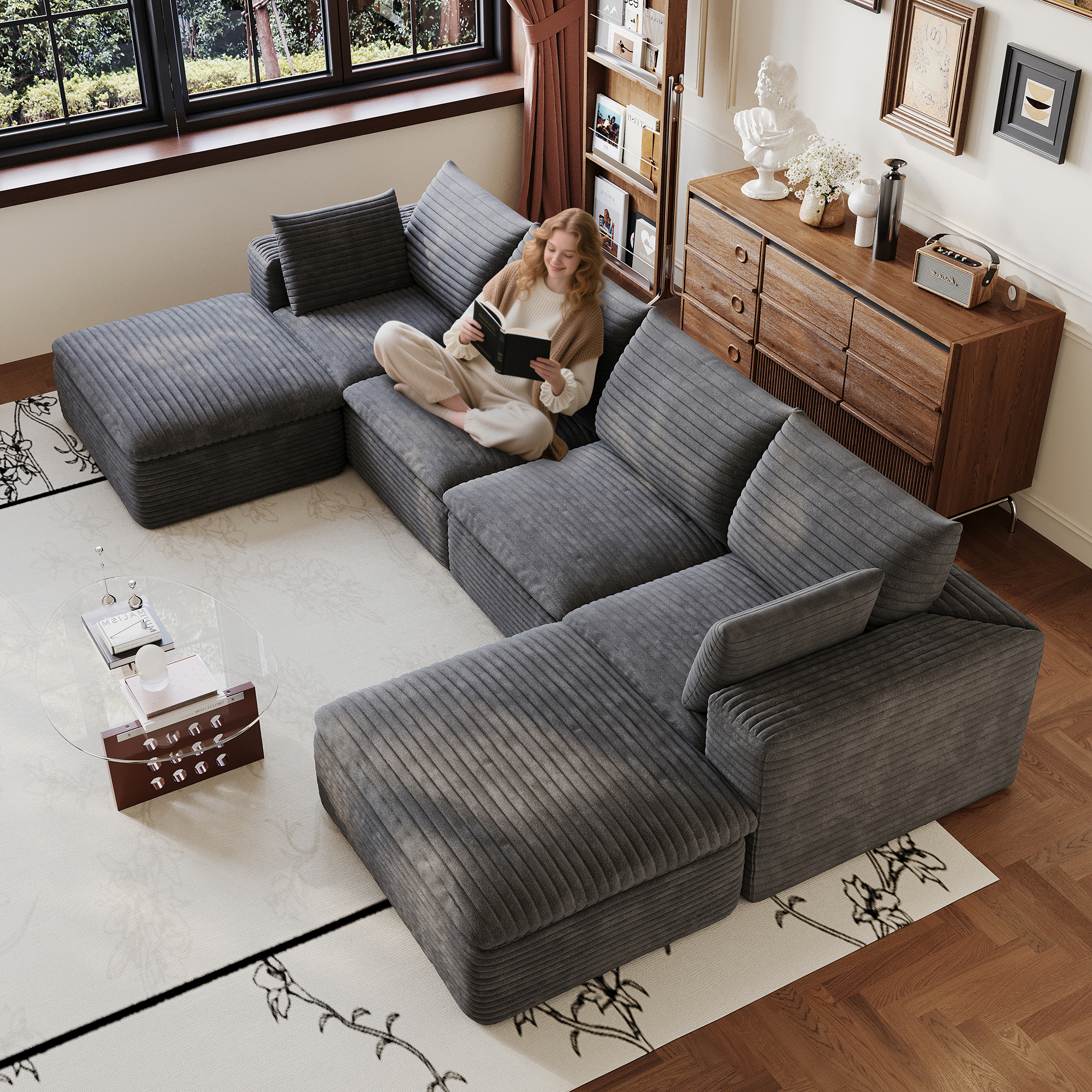134  Cloud Sofa,Corduroy Fabric,Deep Seat Couches,Double-layer Design,Removable  Cushion,No Assembly, DIY Combination For Living Room, Bedroom,Conference Room ,Apartment,Dark Grey