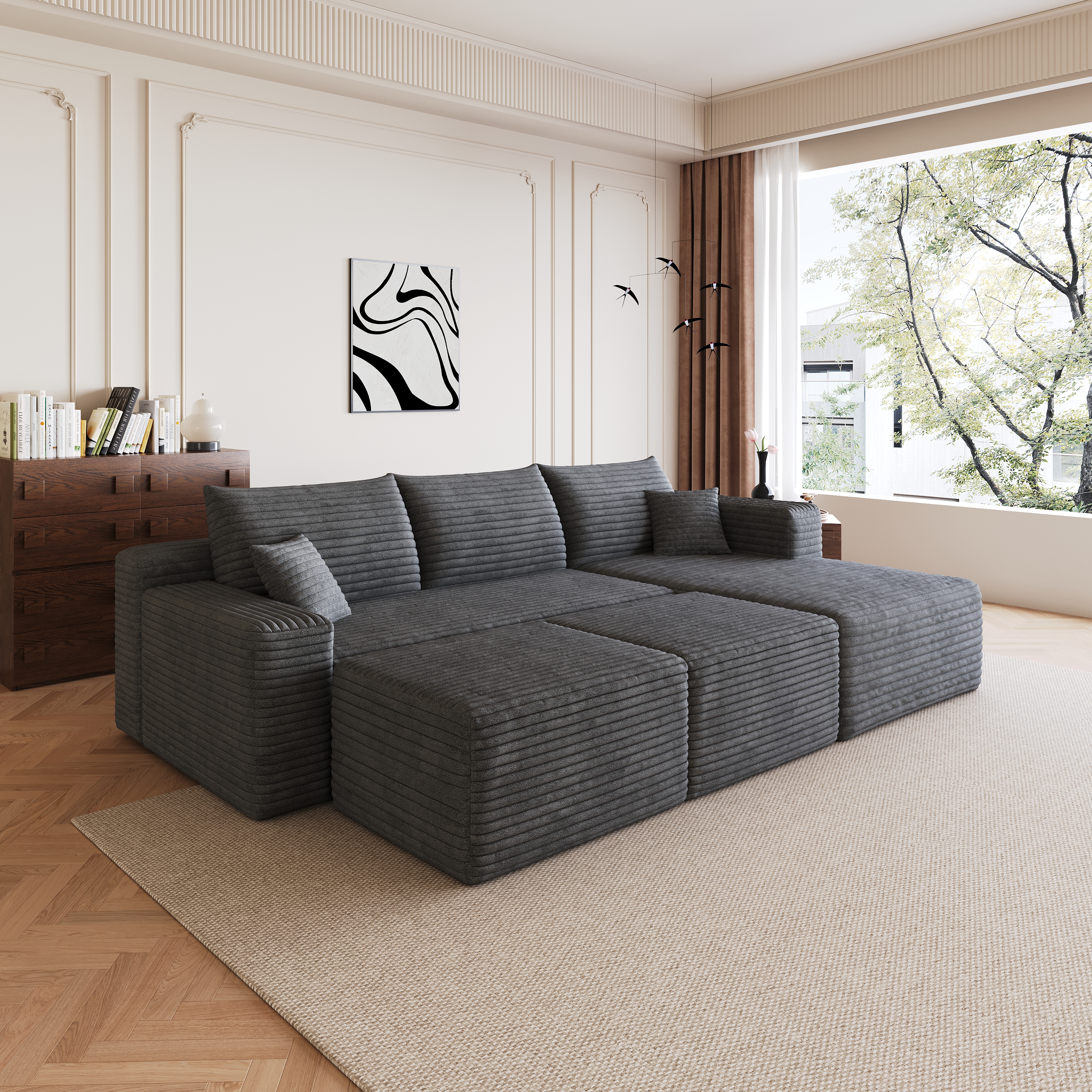 95  Cloud Sectional Sofa With 2 Ottoman,Modern Minimalist Upholstered Couches, Comfort U Shaped Sofa For Living Room,Deep Seat Corner Couch,No Assembly Required,Dark Grey Plush Corduroy Fabric