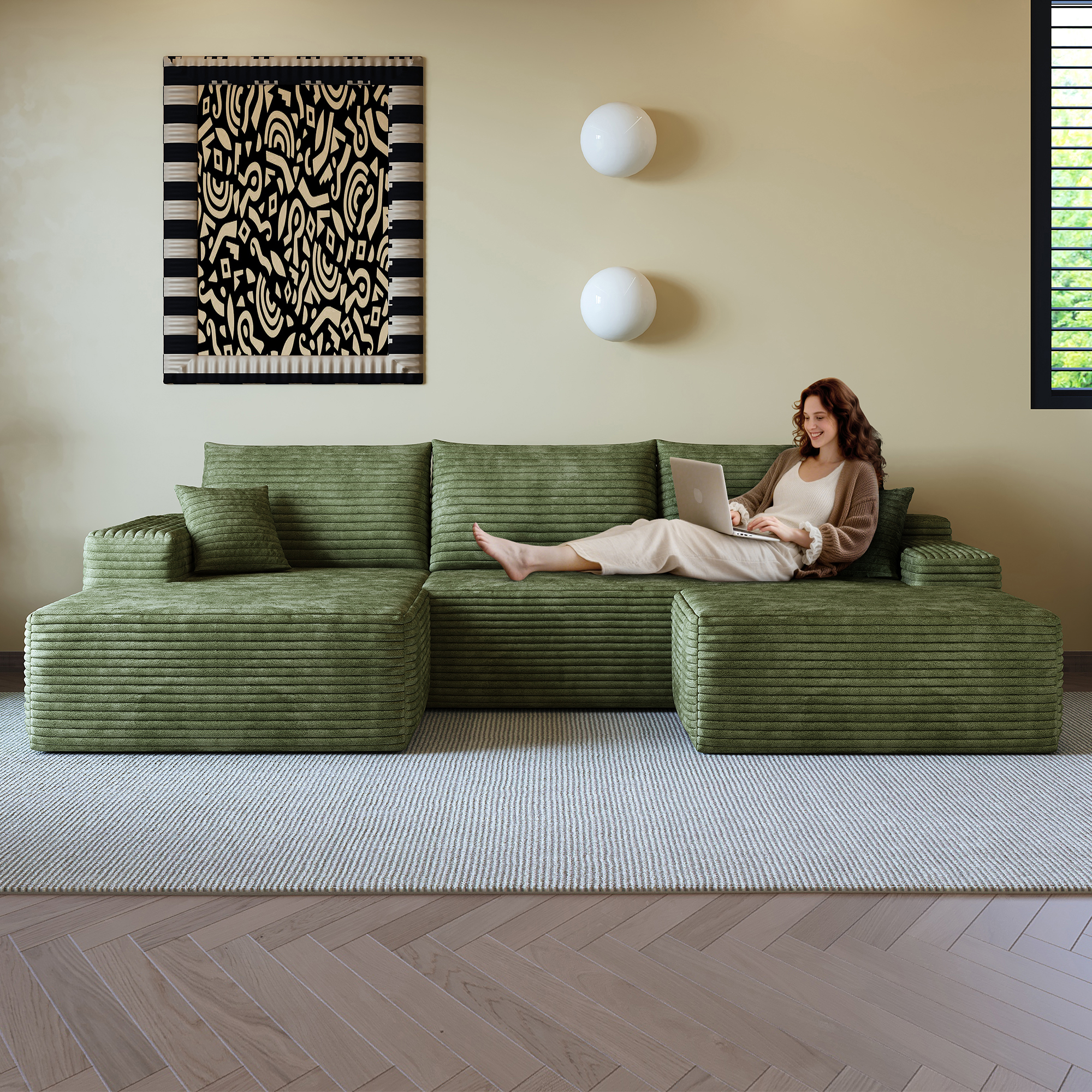 107 Cloud Sectional Sofa With 1 Ottoman,Modern Minimalist Upholstered Couches,Comfort U Shaped Sofa For Living Room,Deep Seat Corner Couch,No Assembly Required  Plush Corduroy Fabric ,Green
