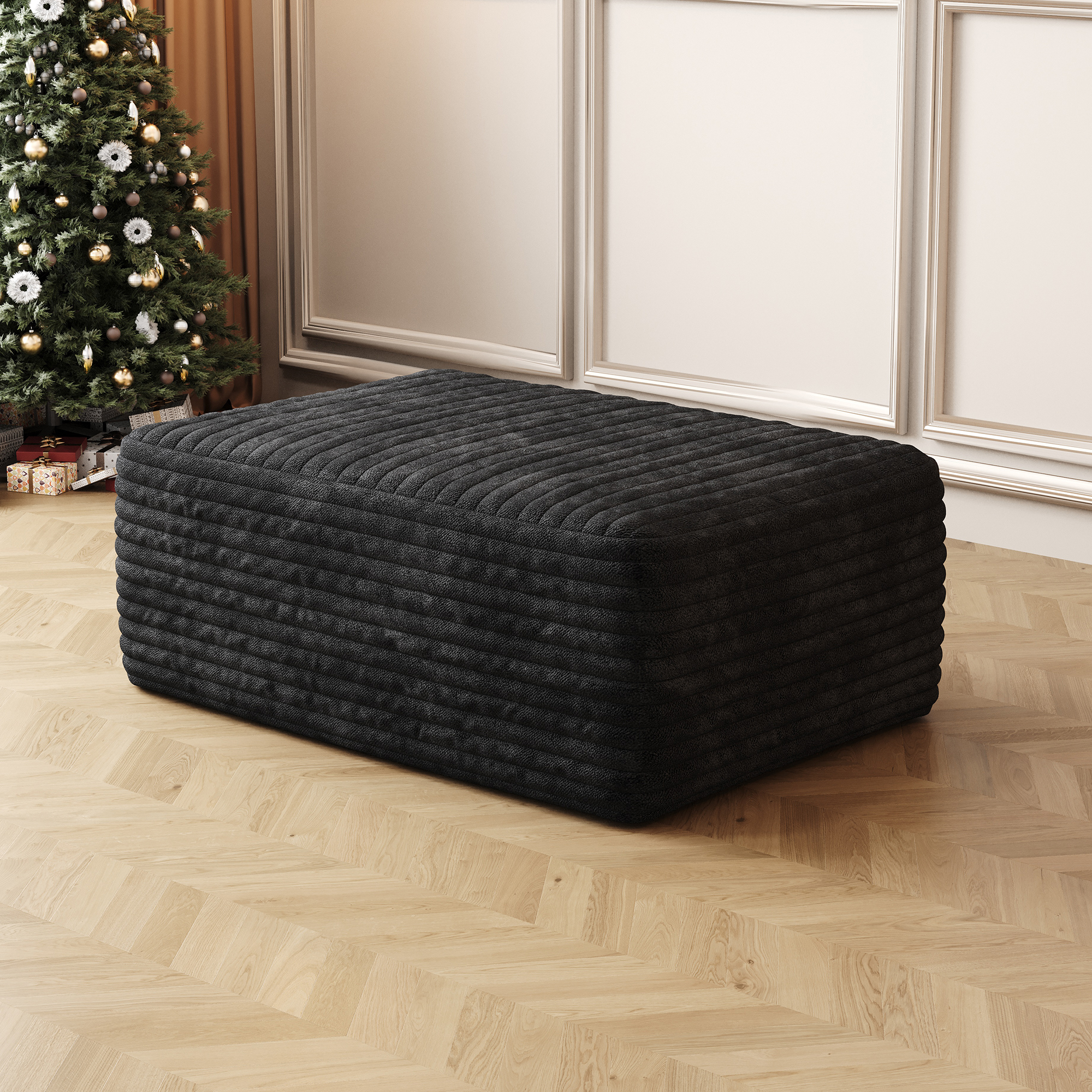 Sofa Ottoman ,No Assembly Required,Black Plush Corduroy Fabric