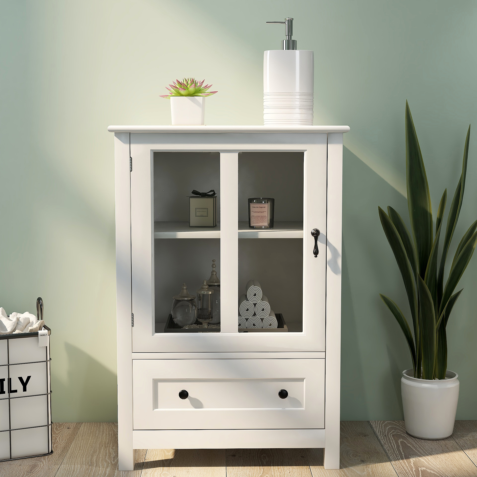 Buffet Storage Cabinet With Single Glass Doors And Unique Bell Handle