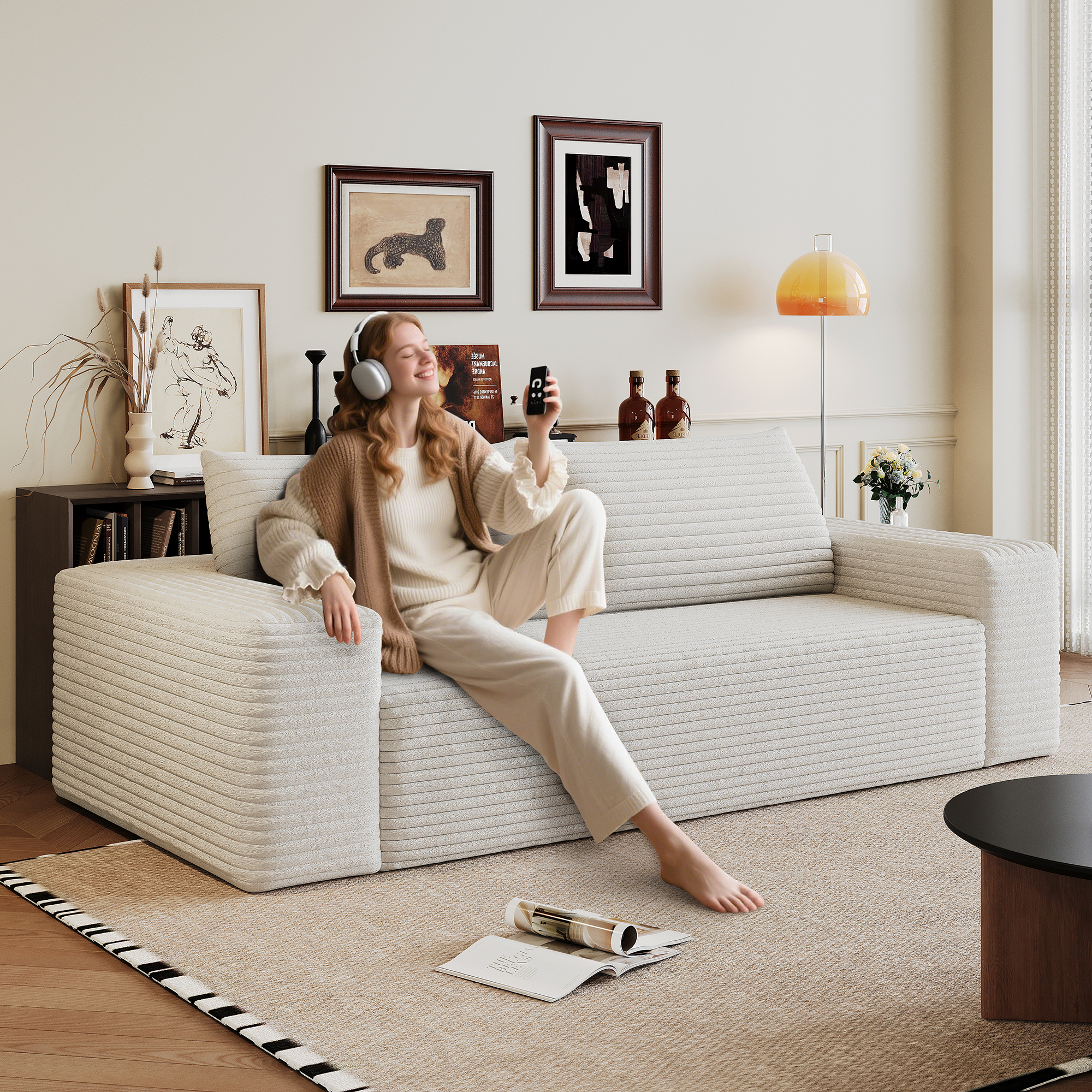 71  3Setaser Sofa,Corduroy Fabric,Deep Seat Couches,Comfy Loveseat Sofa,No Assembly,1pcs For Living Room, Bedroom,Conference Room ,Apartment,White