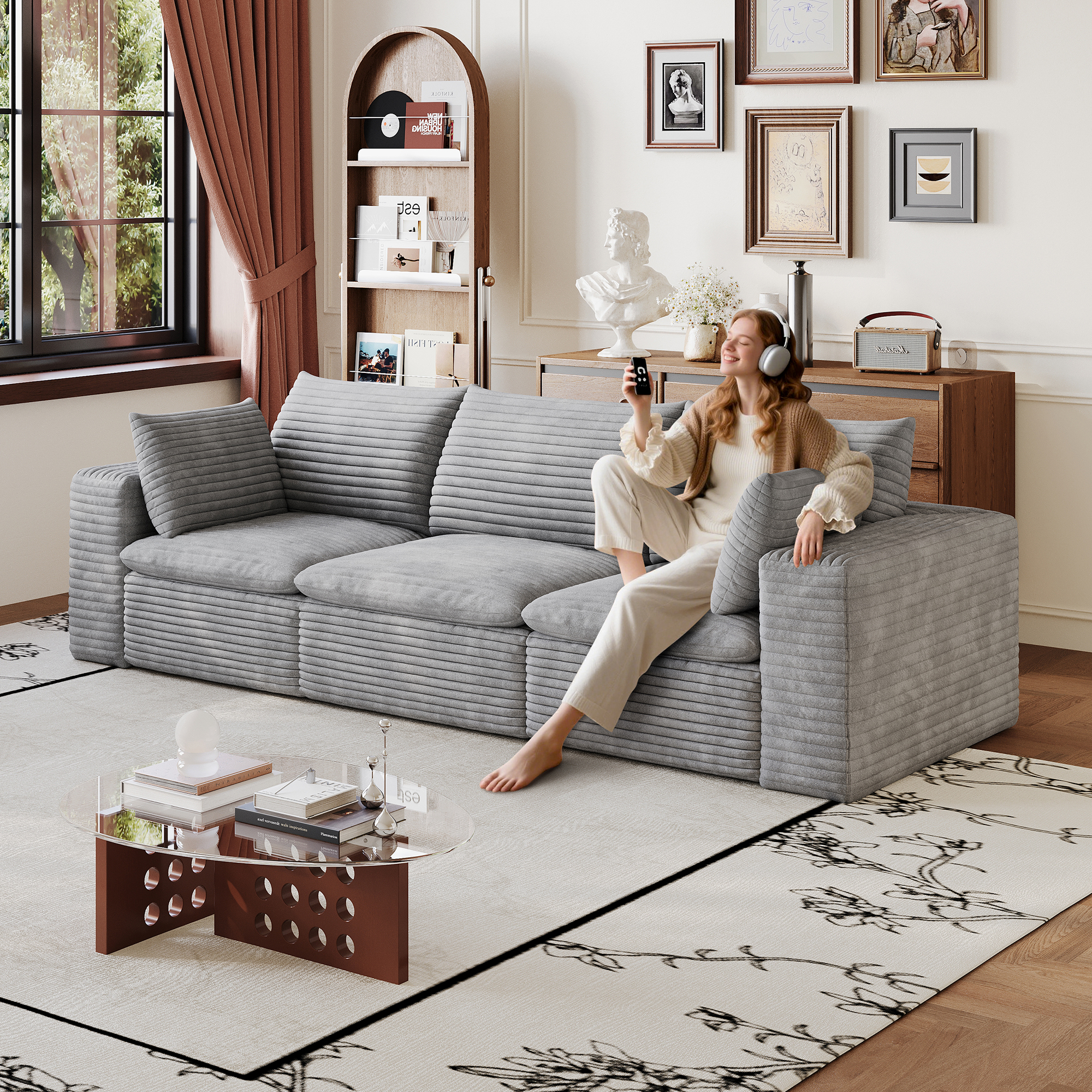 102  Cloud Sofa,Corduroy Fabric,Deep Seat Couches,Double-layer Design,Removable  Cushion,No Assembly, DIY Combination For Living Room, Bedroom,Conference Room ,Apartment,Grey