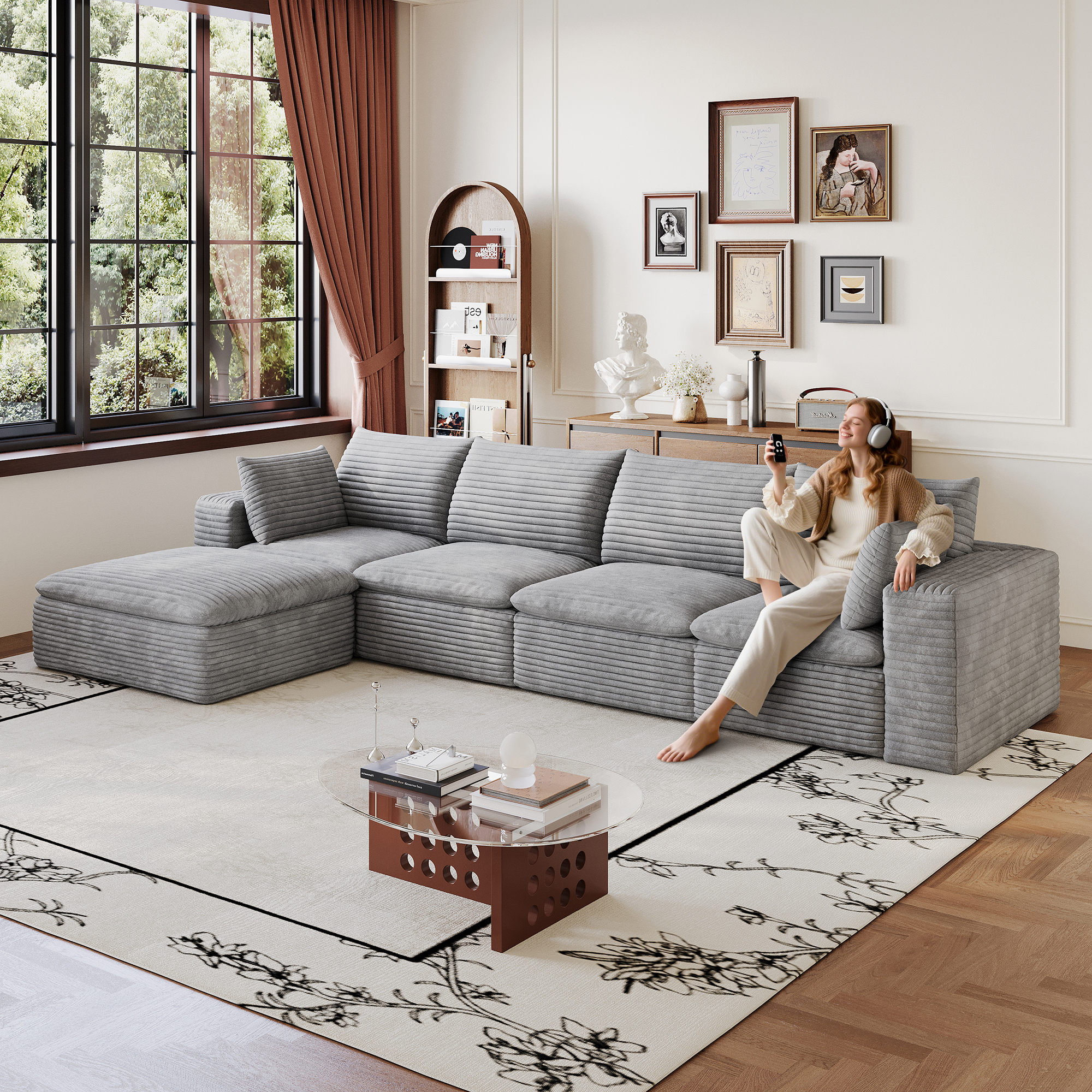 134  Cloud Sofa,Corduroy Fabric,Deep Seat Couches,Double-layer Design,Removable  Cushion,No Assembly, DIY Combination For Living Room, Bedroom,Conference Room ,Apartment,Grey