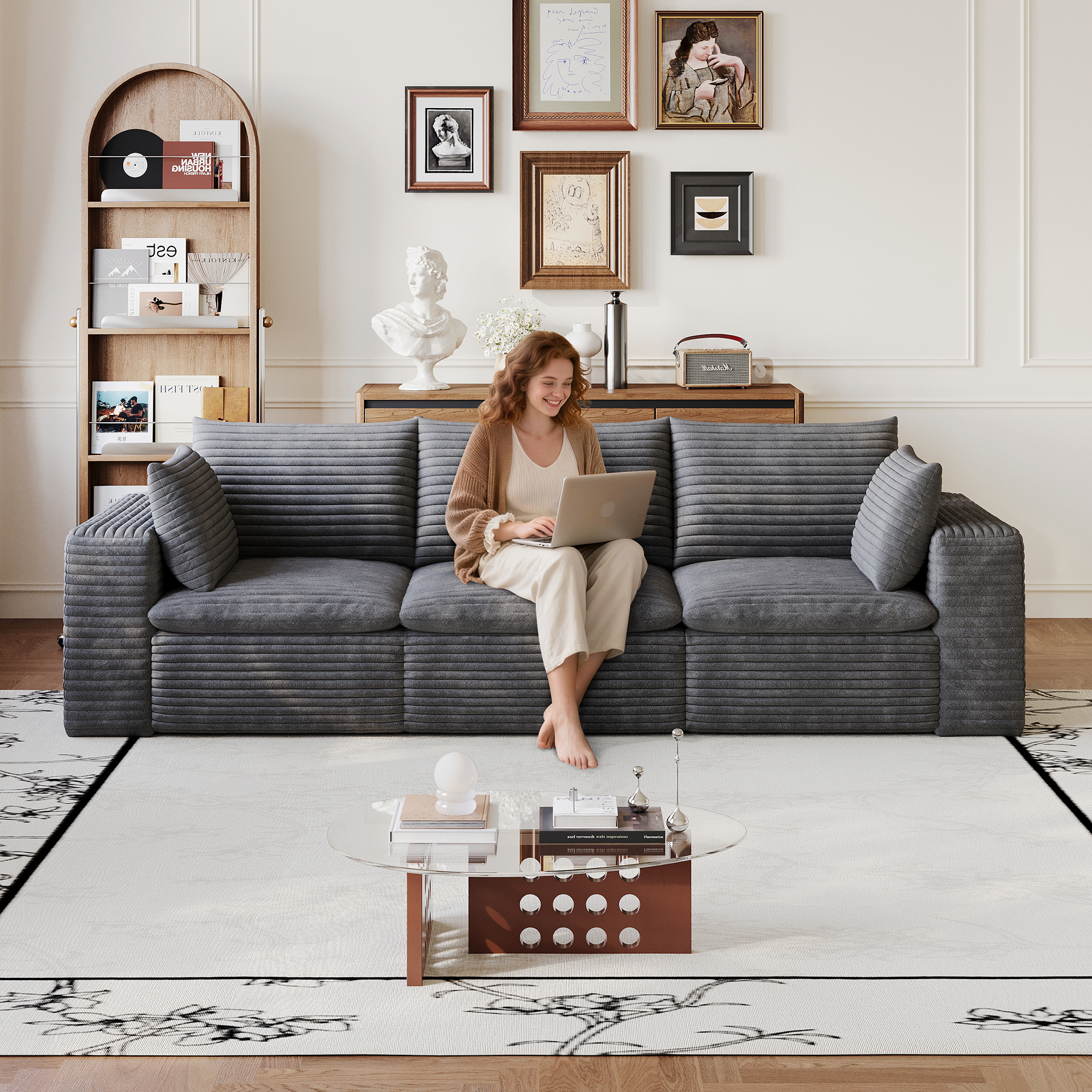 102  Cloud Sofa,Corduroy Fabric,Deep Seat Couches,Double-layer Design,Removable  Cushion,No Assembly, DIY Combination For Living Room, Bedroom,Conference Room ,Apartment,Dark Grey