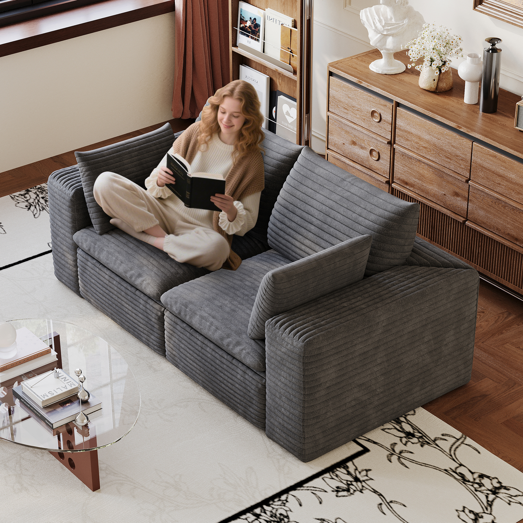 71  Cloud Sofa,Corduroy Fabric,Deep Seat Couches,Double-layer Design,Removable Cushion,No Assembly, DIY Combination For Living Room, Bedroom,Conference Room ,Apartment,Dark Grey