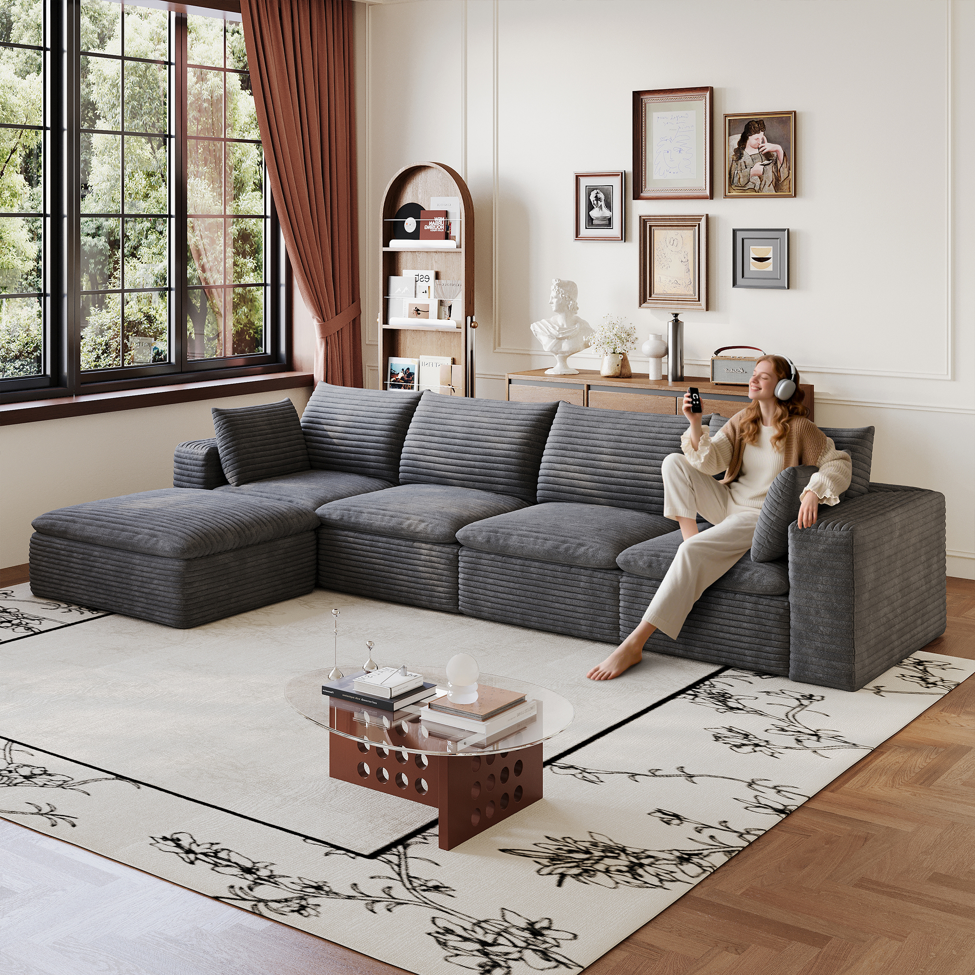 134  Cloud Sofa,Corduroy Fabric,Deep Seat Couches,Double-layer Design,Removable  Cushion,No Assembly, DIY Combination For Living Room, Bedroom,Conference Room ,Apartment,Dark Grey