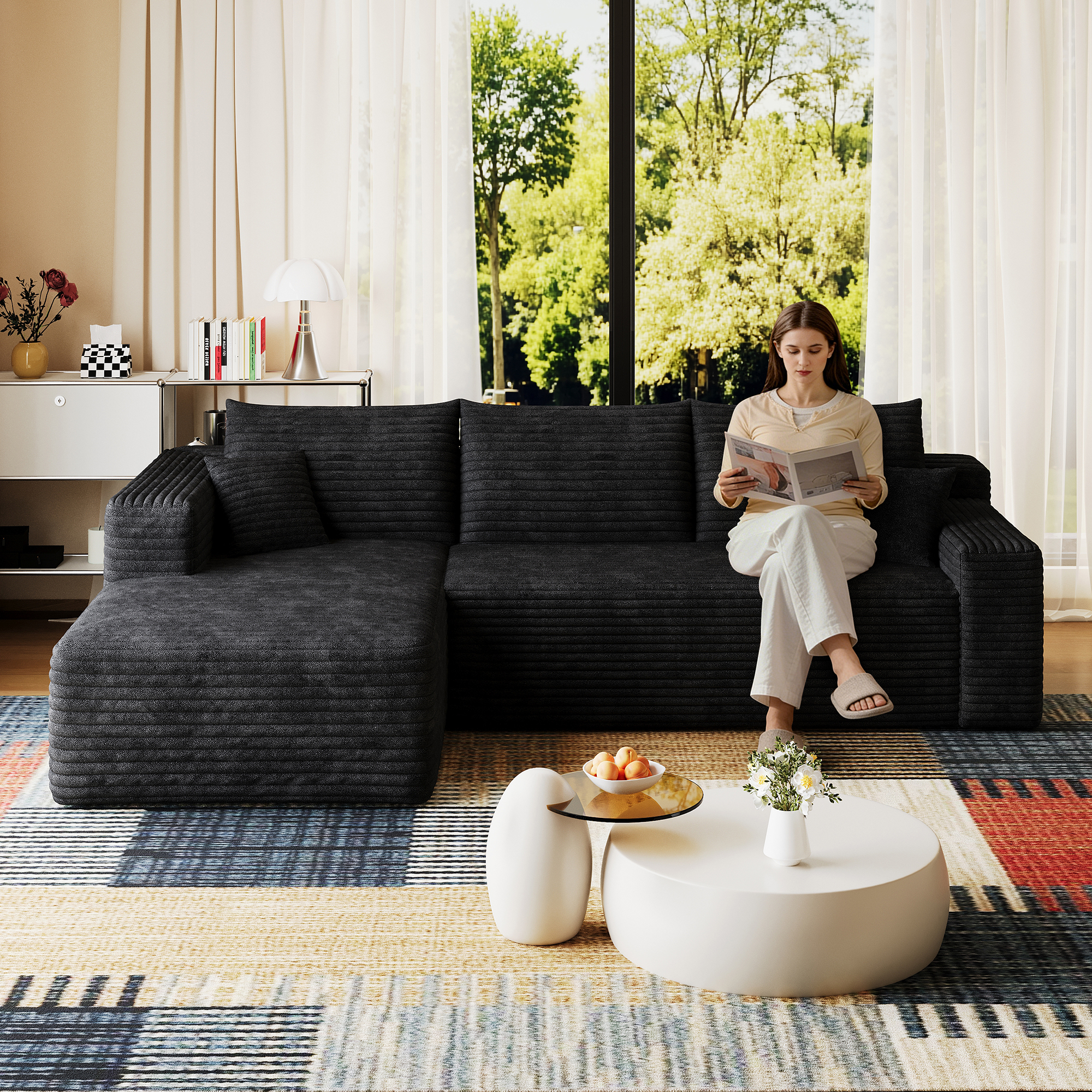 95  Cloud Sectional Sofa,Modern Minimalist Upholstered Couches, Comfort U Shaped Sofa For Living Room,Deep Seat Corner Couch,No Assembly Required,Black  Plush Corduroy Fabric