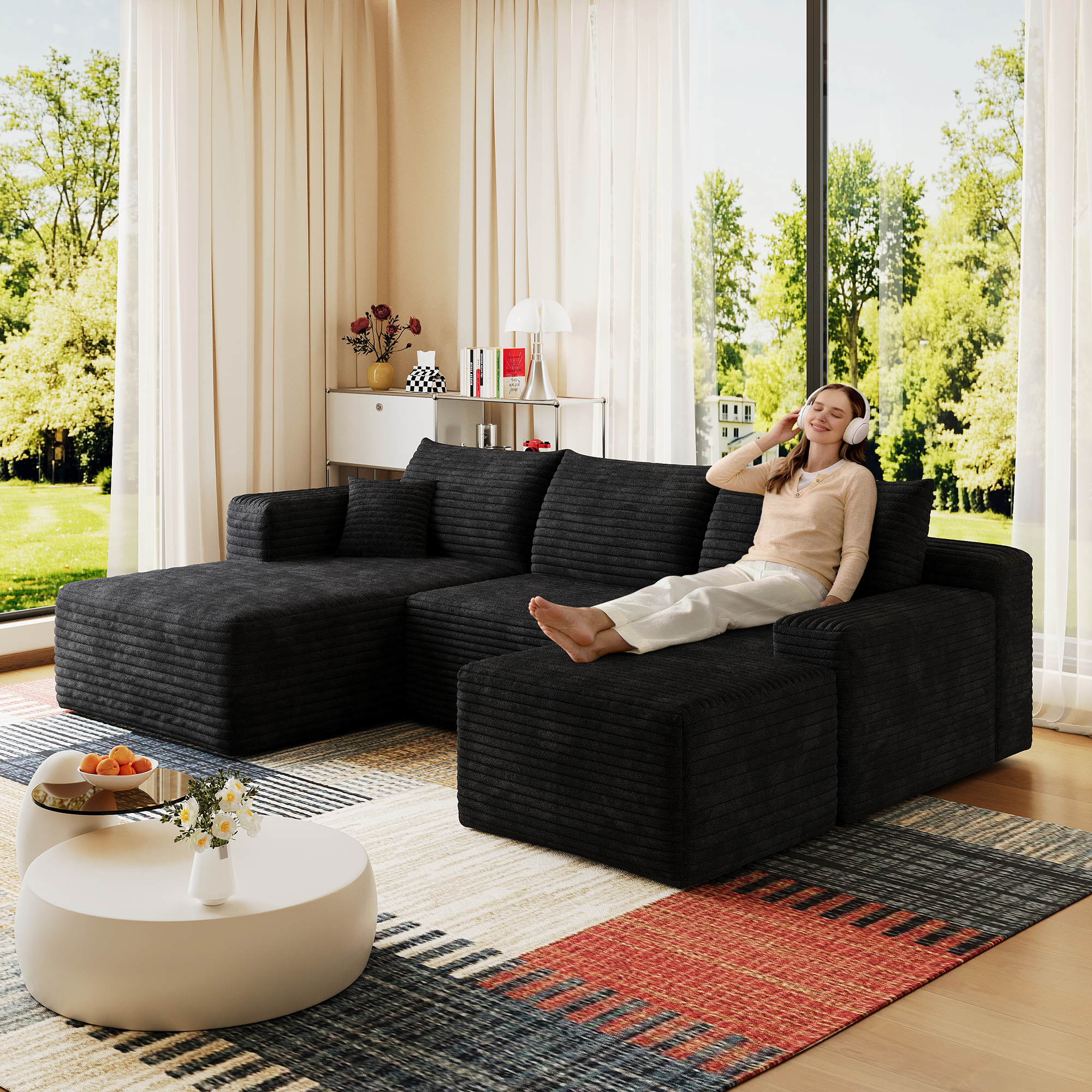 95  Cloud Sectional Sofa With 1 Ottoman,Modern Minimalist Upholstered Couches, Comfort U Shaped Sofa For Living Room,Deep Seat Corner Couch,No Assembly Required,Black  Plush Corduroy Fabric