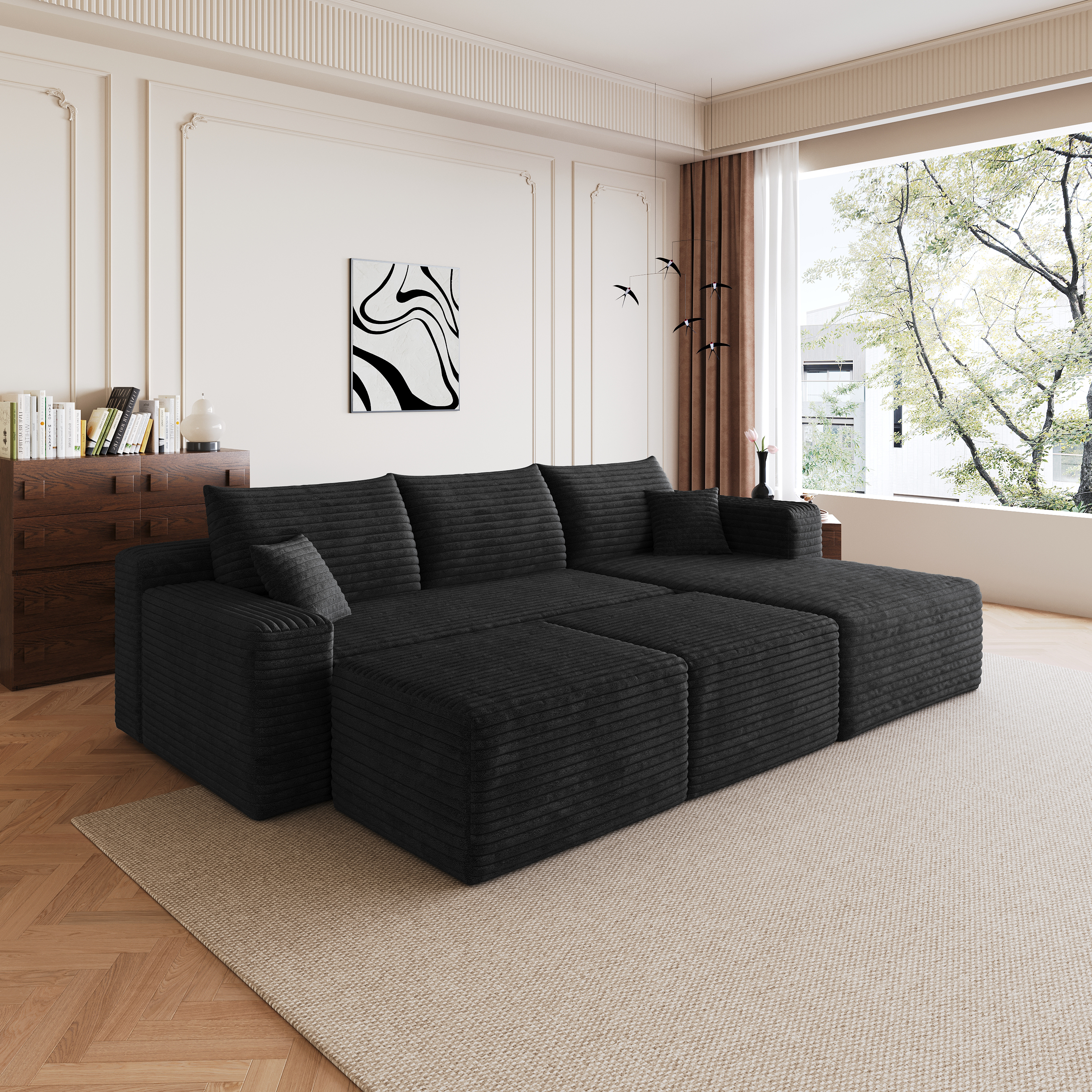 95  Cloud Sectional Sofa With 2 Ottoman,Modern Minimalist Upholstered Couches, Comfort U Shaped Sofa For Living Room,Deep Seat Corner Couch,No Assembly Required,Black  Plush Corduroy Fabric
