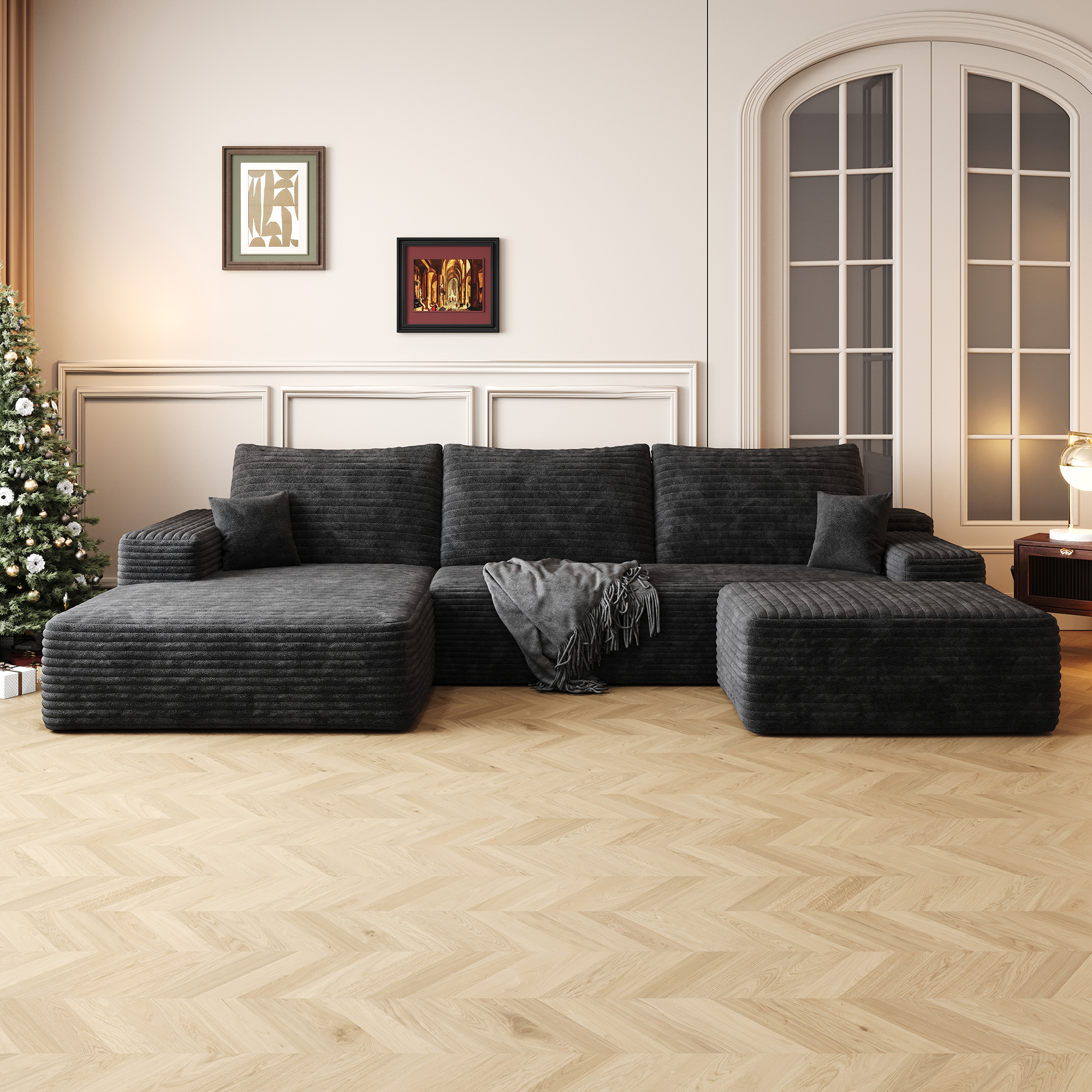 107 Cloud Sectional Sofa With 1 Ottoman,Modern Minimalist Upholstered Couches,Comfort U Shaped Sofa For Living Room,Deep Seat Corner Couch,No Assembly Required  Plush Corduroy Fabric ,Black