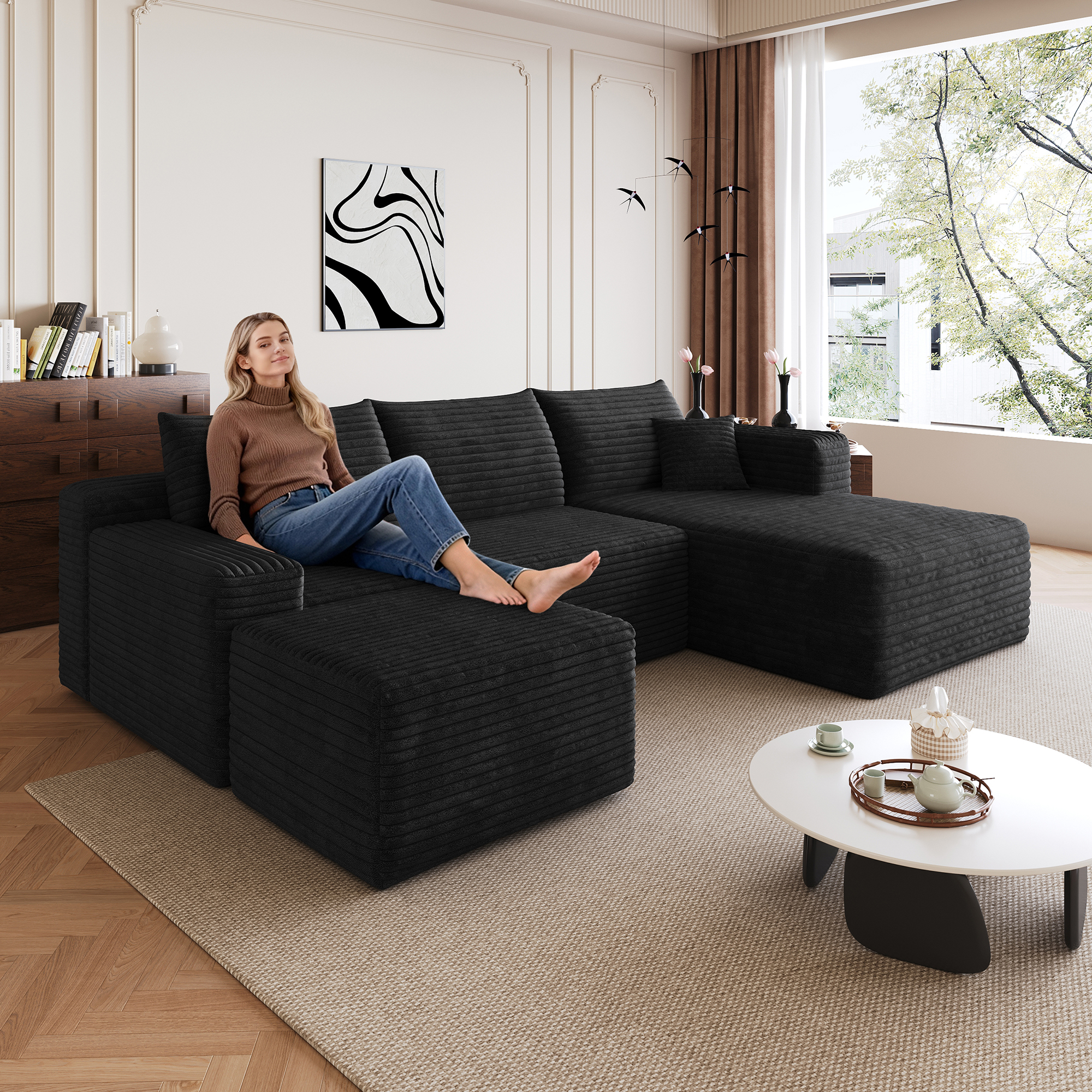 95  Cloud Sectional Sofa With 1 Ottoman,Modern Minimalist Upholstered Couches, Comfort U Shaped Sofa For Living Room,Deep Seat Corner Couch,No Assembly Required,Black  Plush Corduroy Fabric
