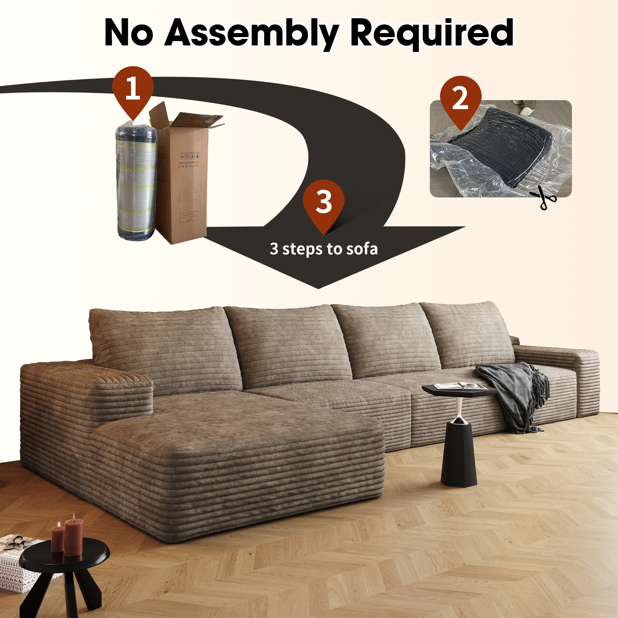 135  Cloud Sectional Couch With L-Shape Chaise,Modern Modular Sofa With Deep Seat, Upholstered Couches For Living Room Bedroom,No Assembly Required,  Plush Corduroy Fabric