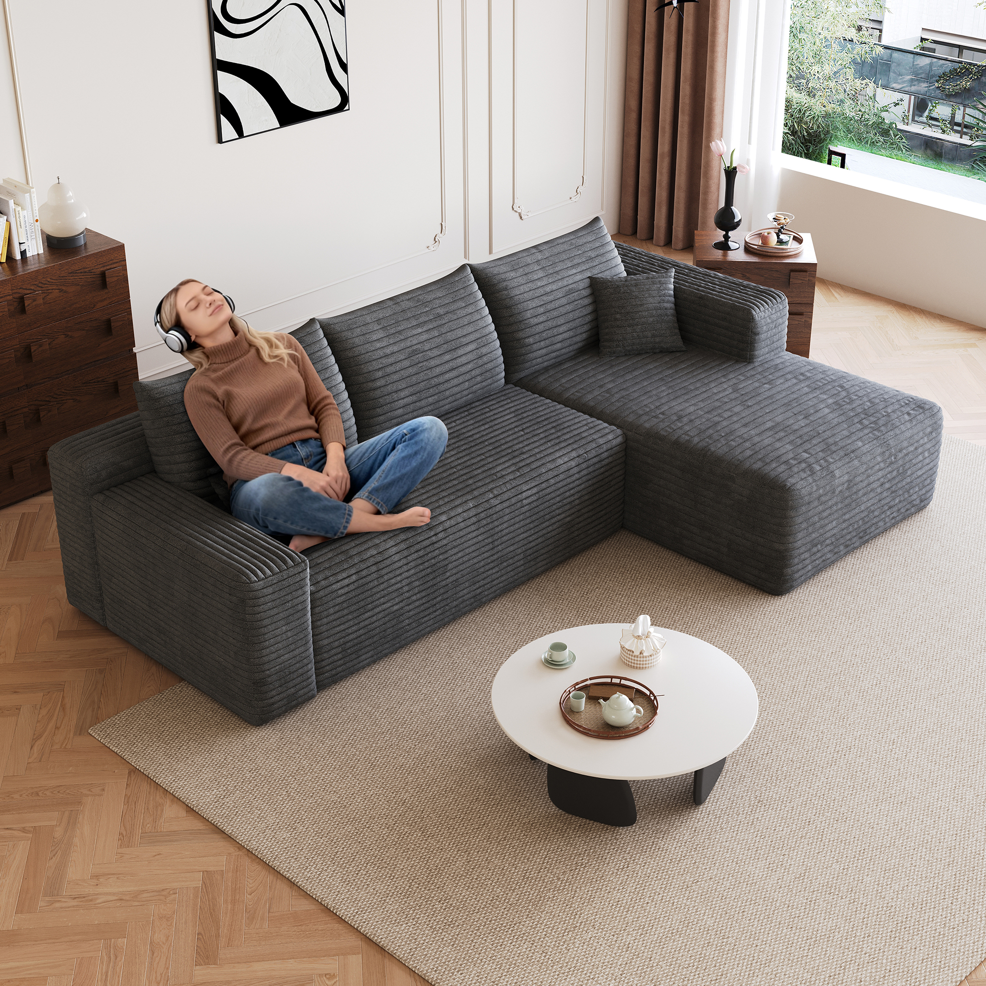 95  Cloud Sectional Sofa,Modern Minimalist Upholstered Couches, Comfort U Shaped Sofa For Living Room,Deep Seat Corner Couch,No Assembly Required,Dark Grey   Plush Corduroy Fabric