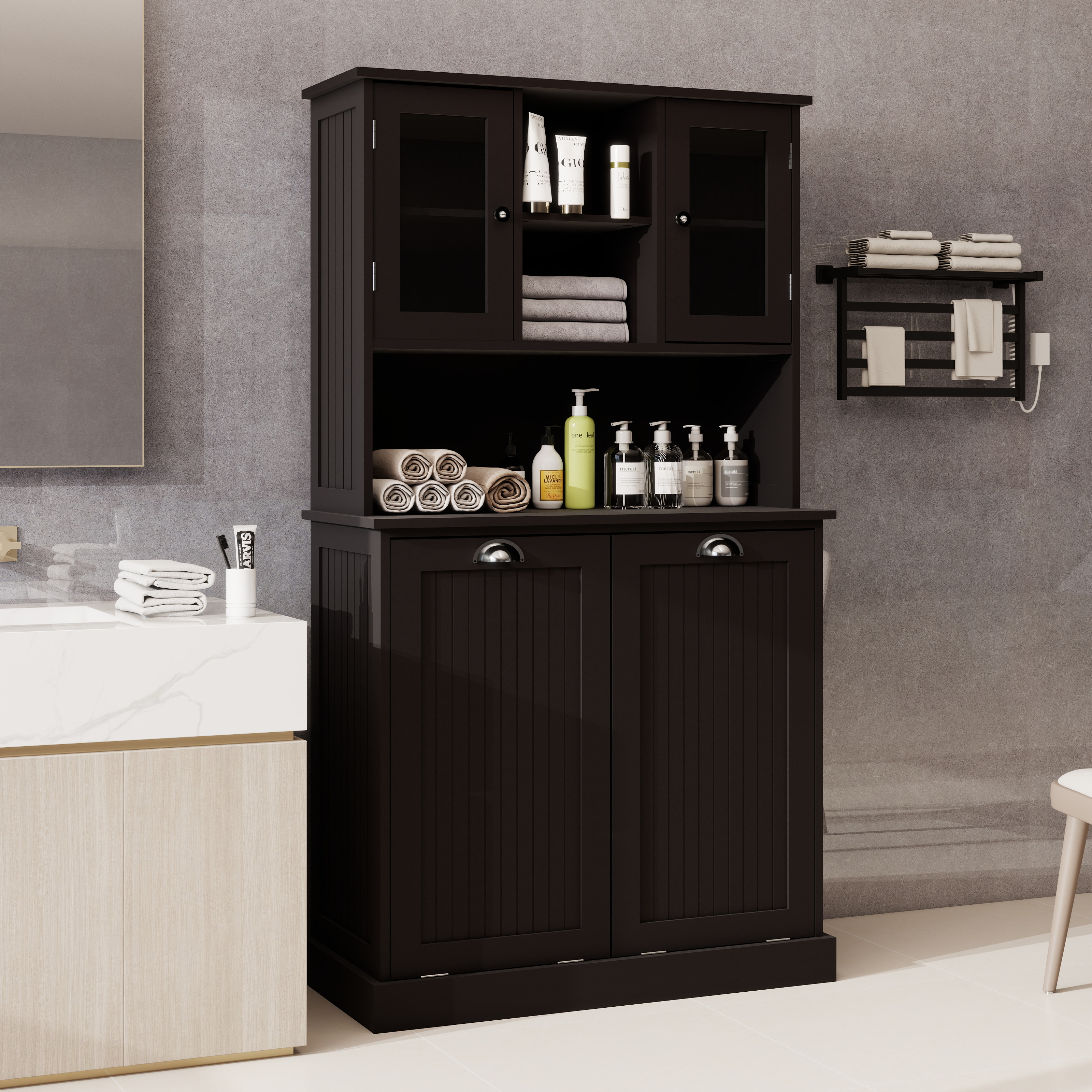 Two-Compartment Tilt-Out Dirty Laundry Basket Tall Bathroom Cabinet With 2 Adjustable Shelves-Black_maomaolike.com