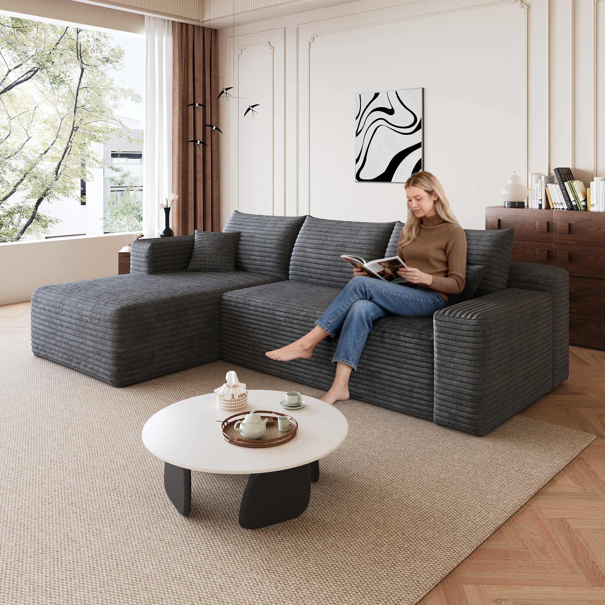 95  Cloud Sectional Sofa,Modern Minimalist Upholstered Couches, Comfort U Shaped Sofa For Living Room,Deep Seat Corner Couch,No Assembly Required,Dark Grey   Plush Corduroy Fabric