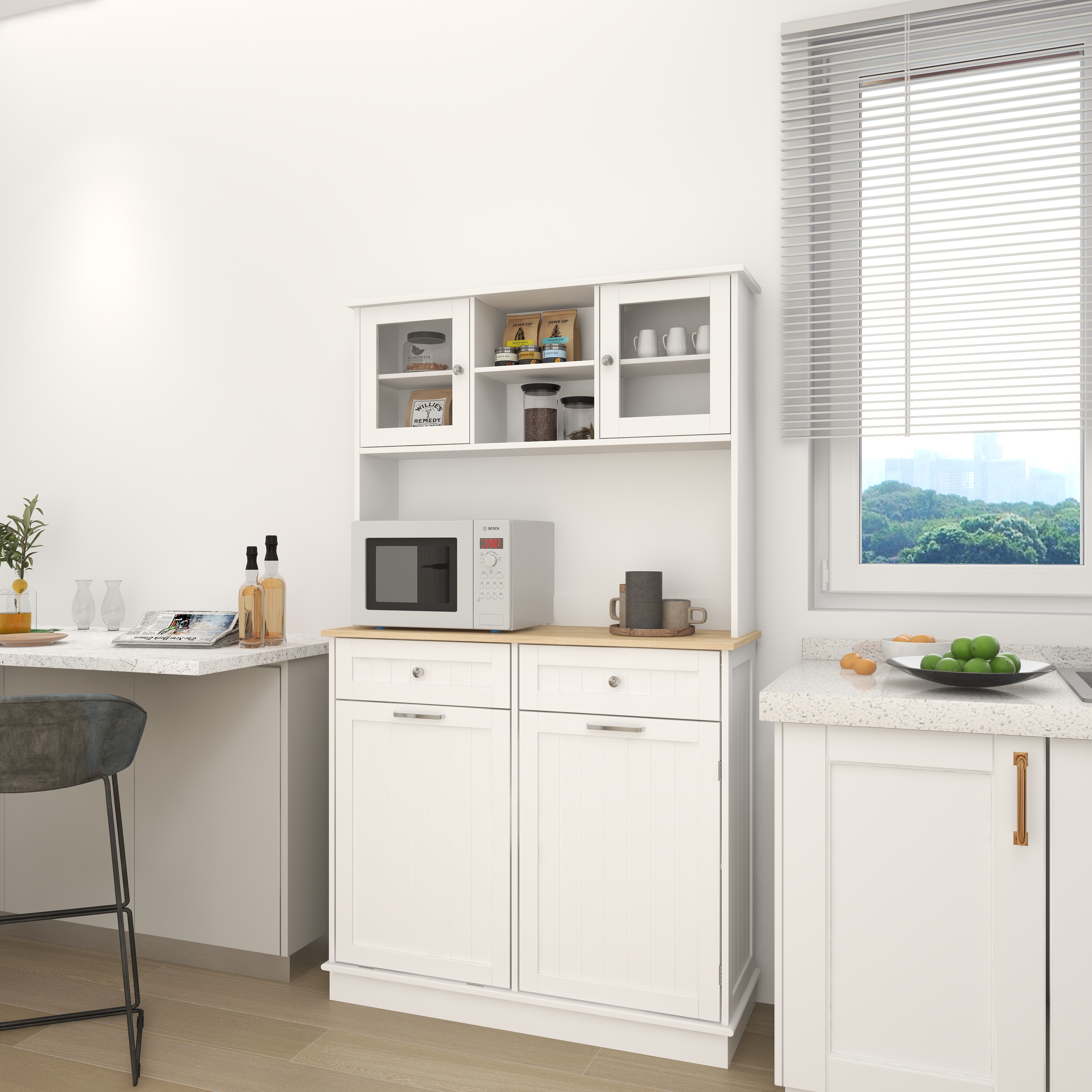 67.7  Tall Kitchen Trash Can Storage Cabinet With 3 Adjustable Shelves, 2 Drawers And 1 Tilt Out Trash Cabinet For Kitchen, Dinning Room, Living Room-White