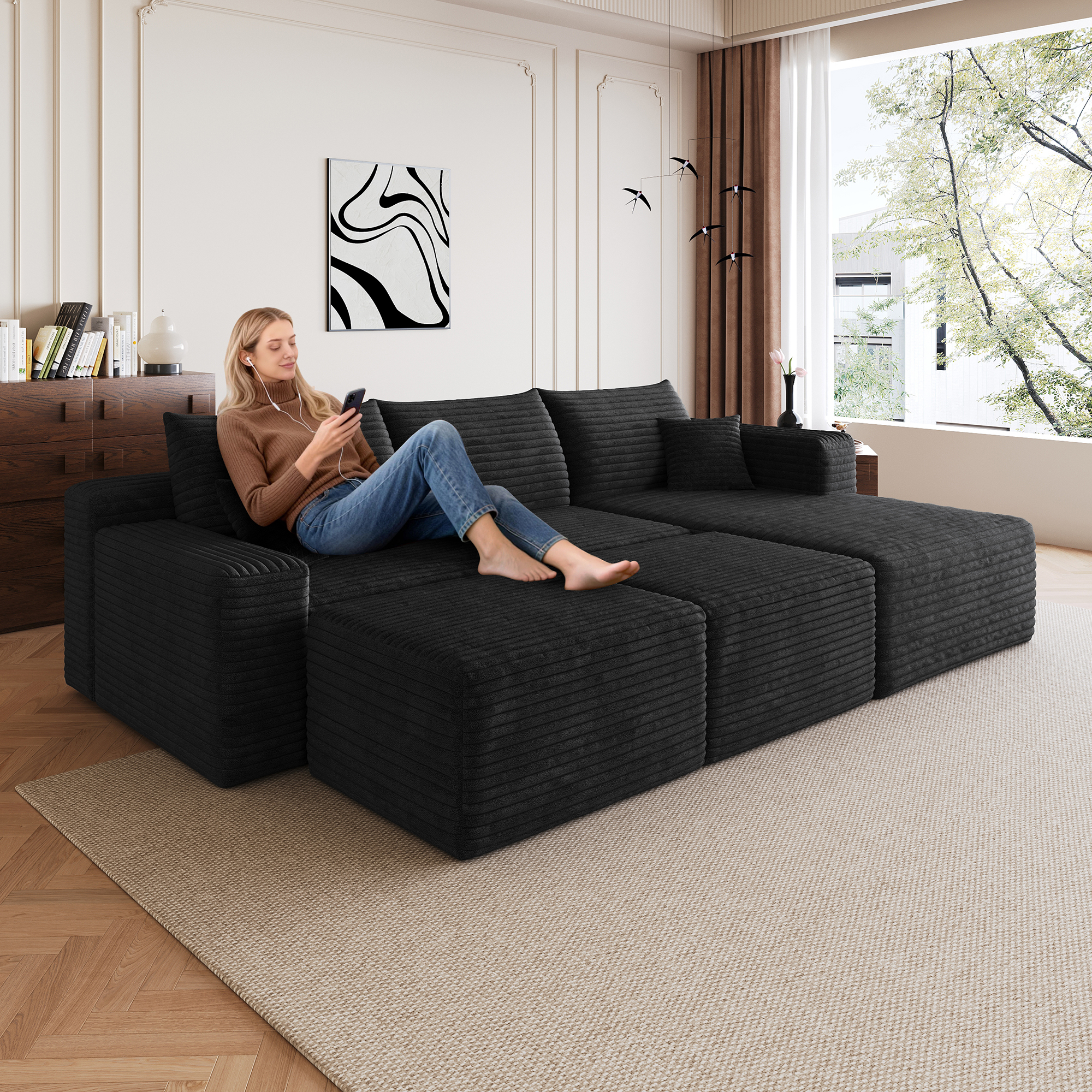 95  Cloud Sectional Sofa With 2 Ottoman,Modern Minimalist Upholstered Couches, Comfort U Shaped Sofa For Living Room,Deep Seat Corner Couch,No Assembly Required,Black  Plush Corduroy Fabric