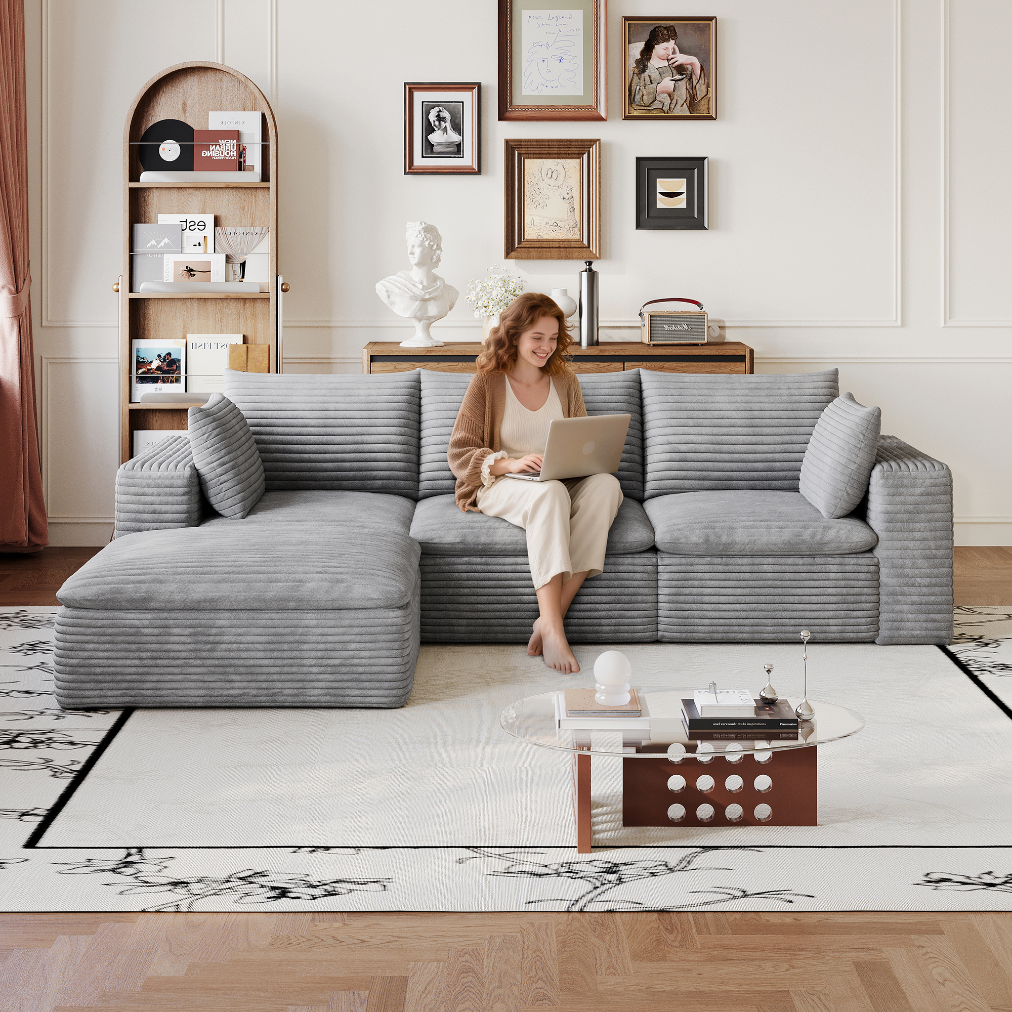 102  Cloud Sofa,Corduroy Fabric,Deep Seat Couches,Double-layer Design,Removable  Cushion,No Assembly, DIY Combination For Living Room, Bedroom,Conference Room ,Apartment,Grey