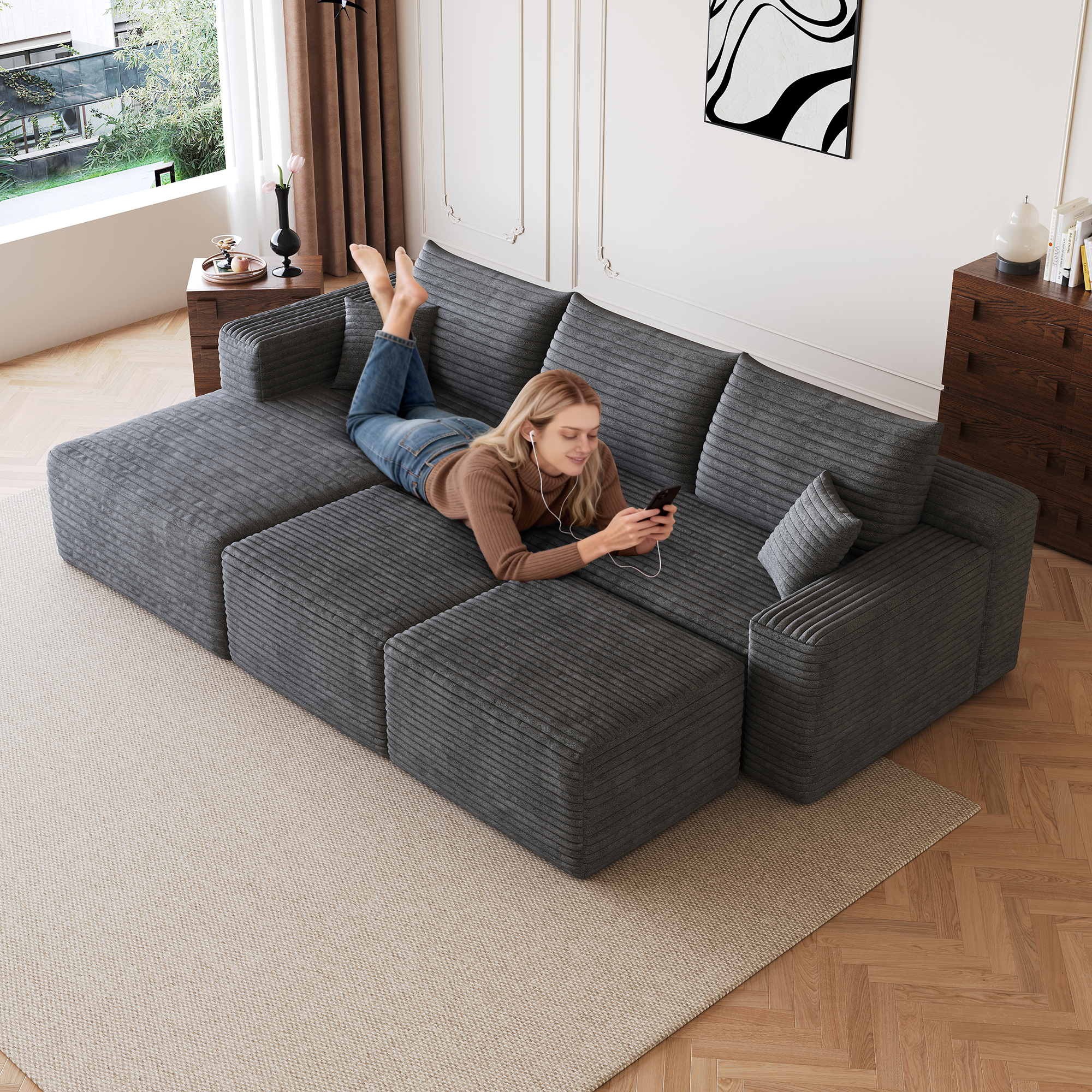 95  Cloud Sectional Sofa With 2 Ottoman,Modern Minimalist Upholstered Couches, Comfort U Shaped Sofa For Living Room,Deep Seat Corner Couch,No Assembly Required,Dark Grey Plush Corduroy Fabric
