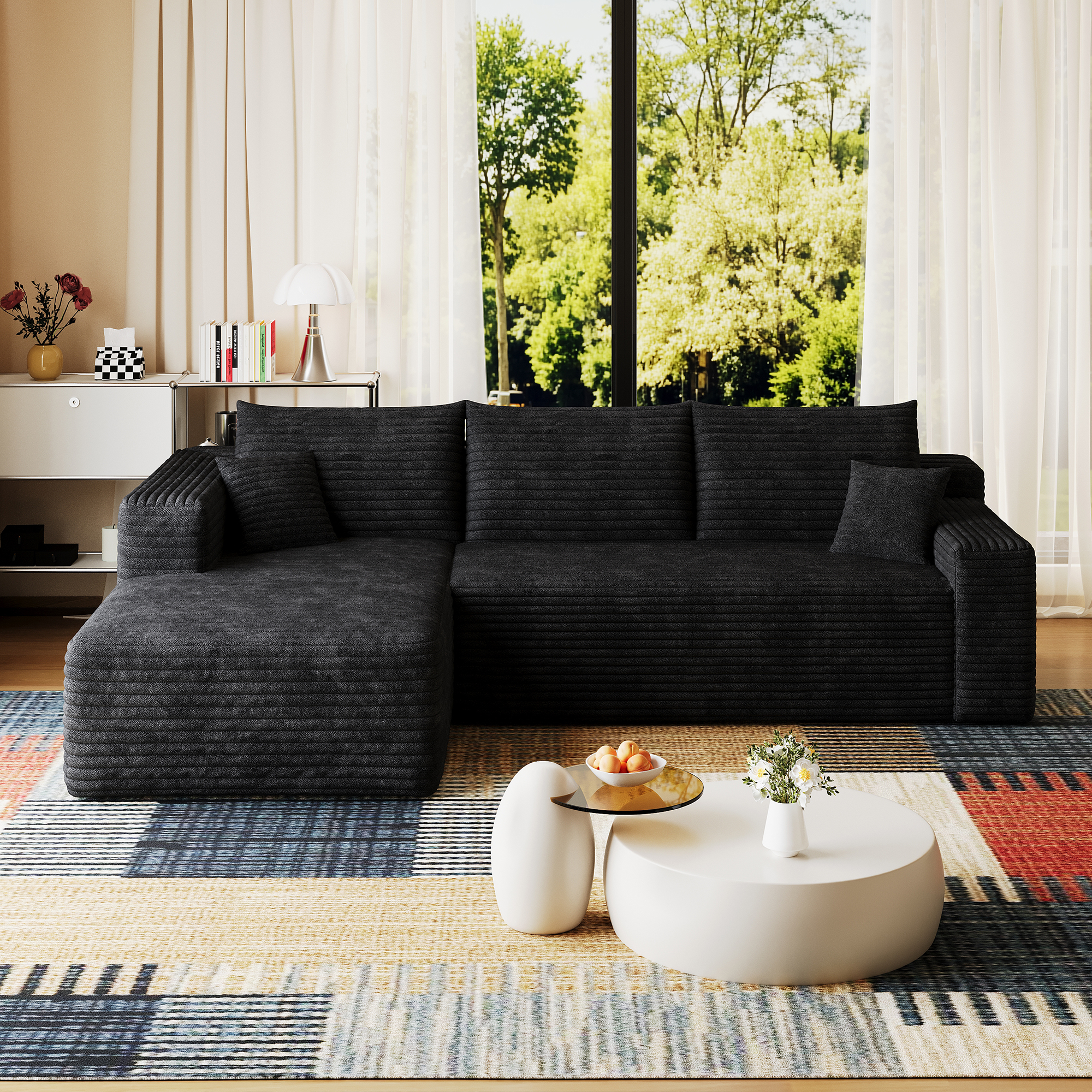 95  Cloud Sectional Sofa,Modern Minimalist Upholstered Couches, Comfort U Shaped Sofa For Living Room,Deep Seat Corner Couch,No Assembly Required,Black  Plush Corduroy Fabric