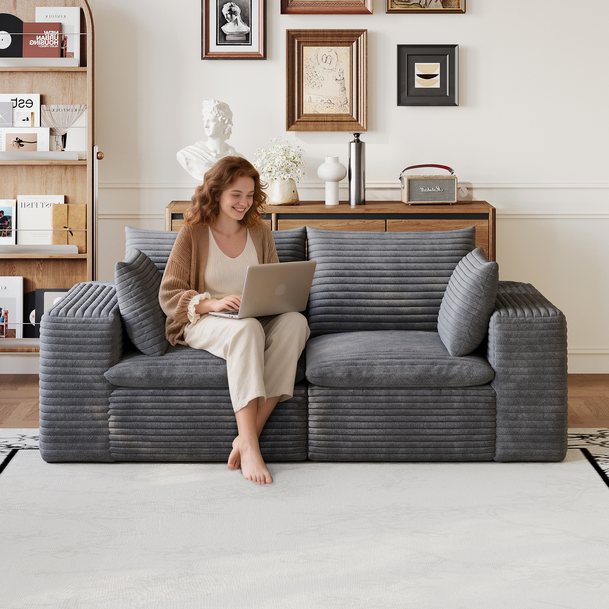 71  Cloud Sofa,Corduroy Fabric,Deep Seat Couches,Double-layer Design,Removable Cushion,No Assembly, DIY Combination For Living Room, Bedroom,Conference Room ,Apartment,Dark Grey